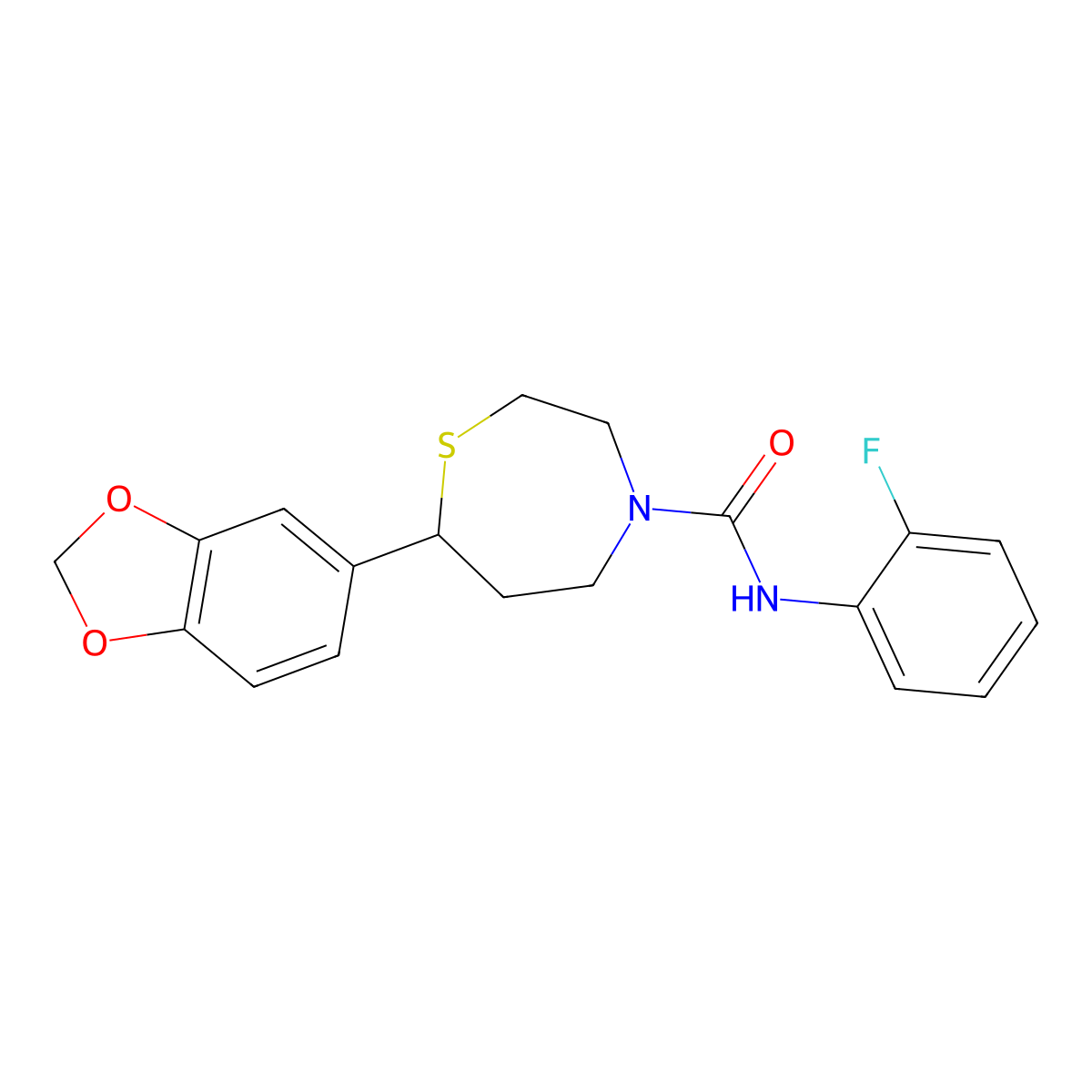 7-(benzo[d][1,3]dioxol-5-yl)-N-(2-fluorophenyl)-1,4-thiazepane-4-carboxamide molecular structure, CAS 1706057-32-0