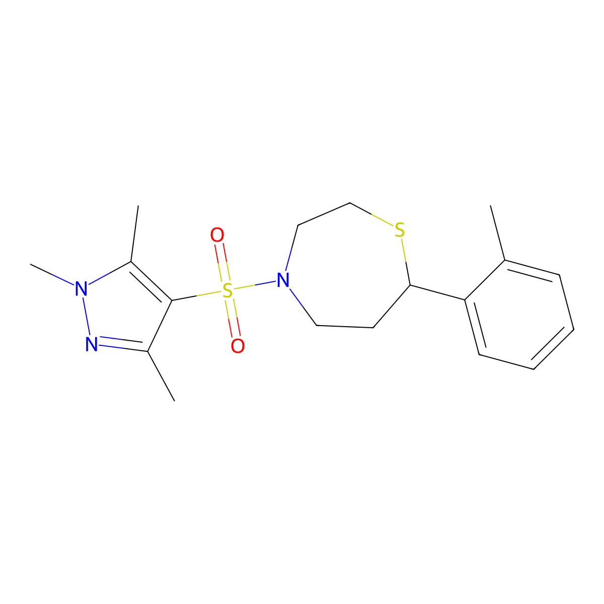 7-(o-tolyl)-4-((1,3,5-trimethyl-1H-pyrazol-4-yl)sulfonyl)-1,4-thiazepane molecular structure, CAS 1706058-83-4