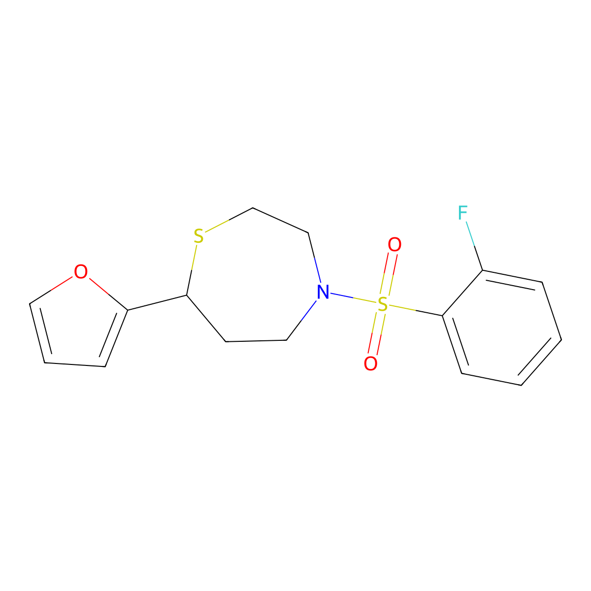 4-((2-Fluorophenyl)sulfonyl)-7-(furan-2-yl)-1,4-thiazepane molecular structure, CAS 1706061-77-9