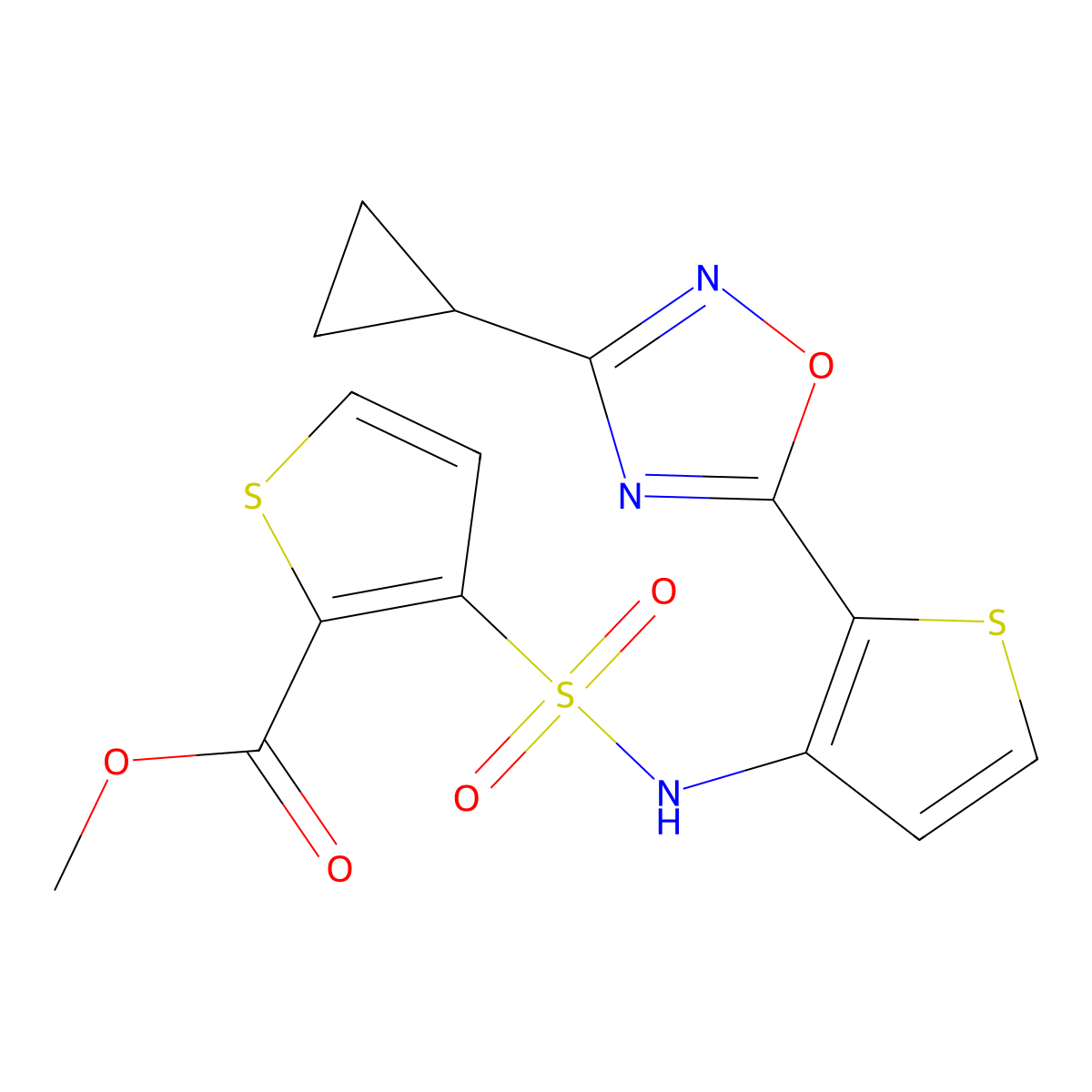 methyl 3-(N-(2-(3-cyclopropyl-1,2,4-oxadiazol-5-yl)thiophen-3-yl)sulfamoyl)thiophene-2-carboxylate molecular structure, CAS 1706067-31-3