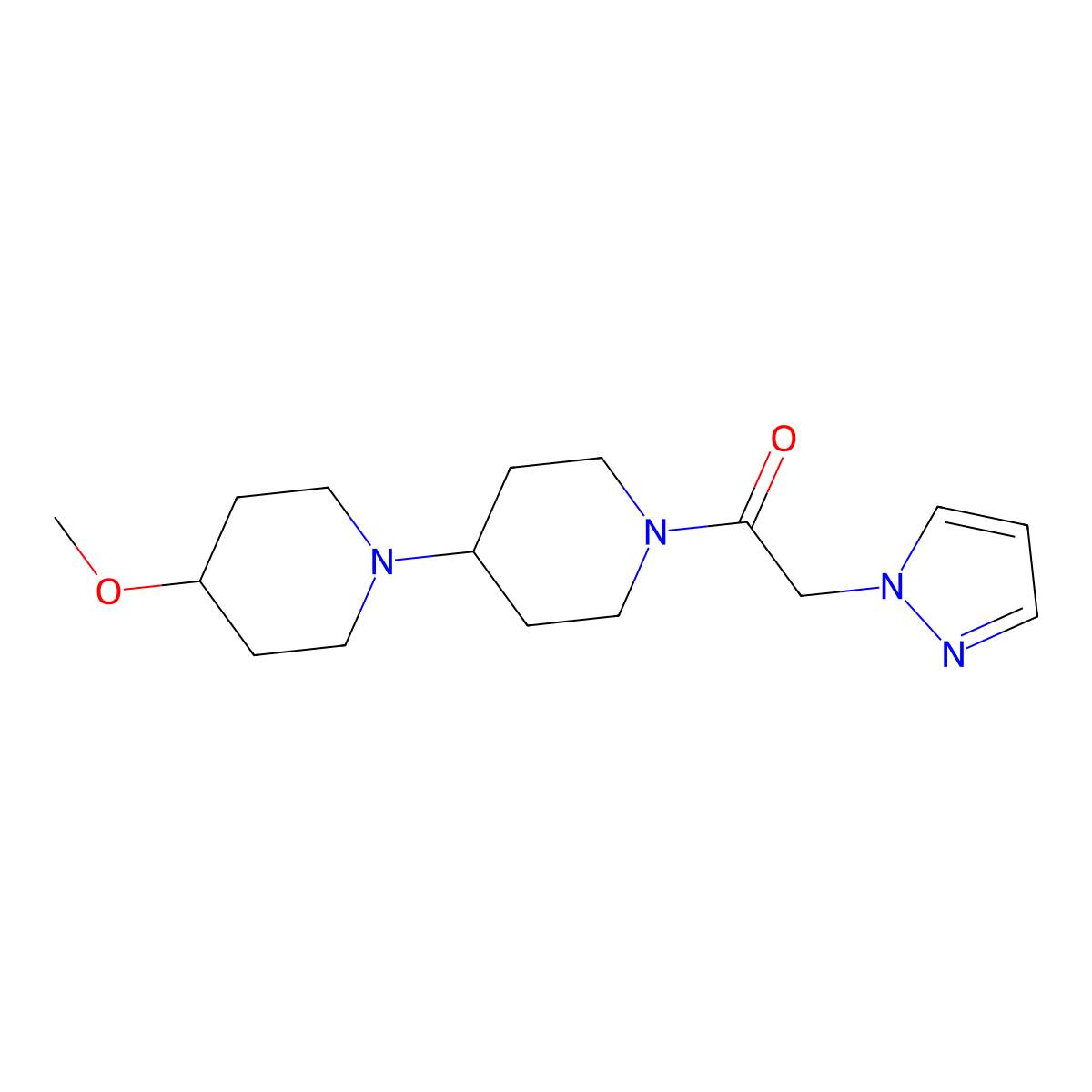 1-{4-methoxy-[1,4'-bipiperidine]-1'-yl}-2-(1H-pyrazol-1-yl)ethan-1-one molecular structure, CAS 1706073-94-0