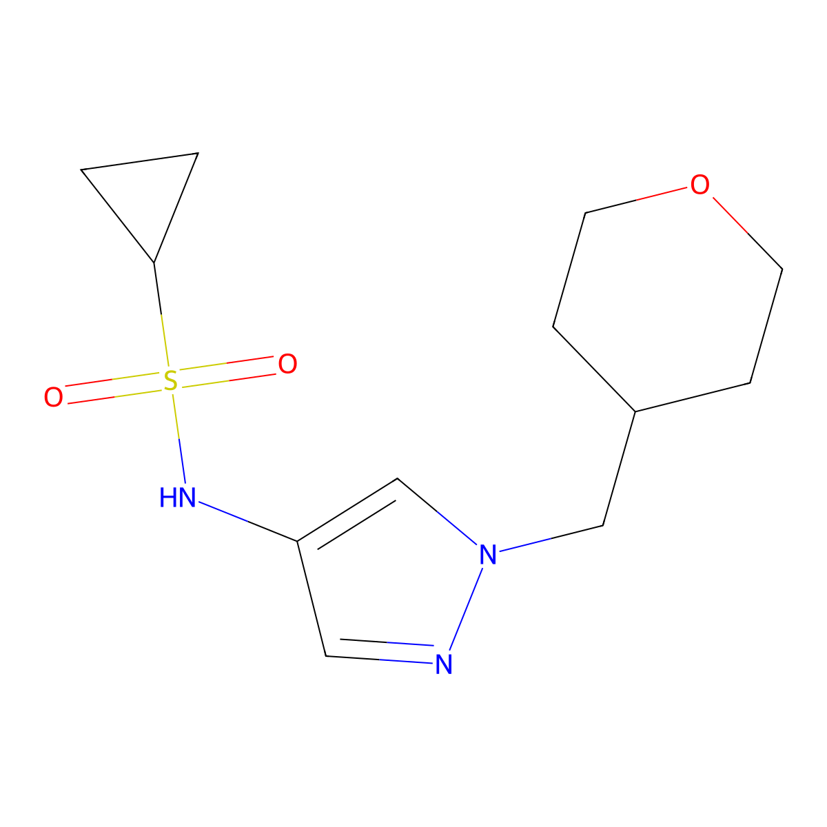 N-(1-((tetrahydro-2H-pyran-4-yl)methyl)-1H-pyrazol-4-yl)cyclopropanesulfonamide molecular structure, CAS 1706074-38-5