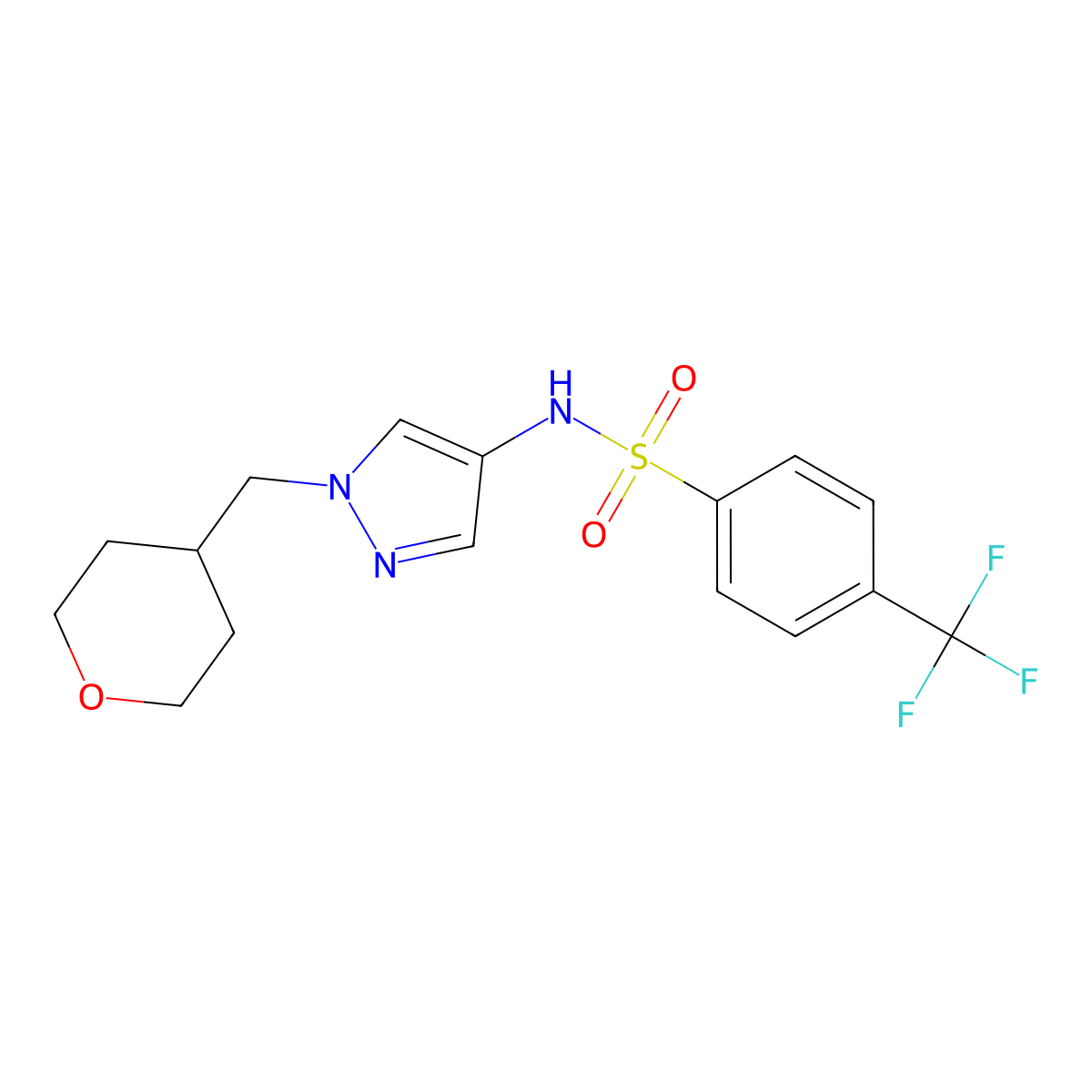 N-(1-((tetrahydro-2H-pyran-4-yl)methyl)-1H-pyrazol-4-yl)-4-(trifluoromethyl)benzenesulfonamide molecular structure, CAS 1706074-63-6