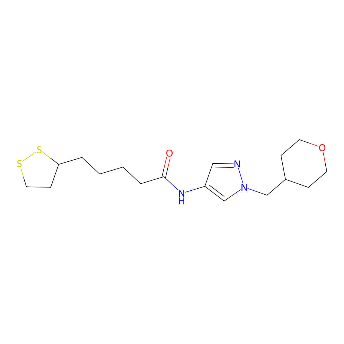 5-(1,2-dithiolan-3-yl)-N-(1-((tetrahydro-2H-pyran-4-yl)methyl)-1H-pyrazol-4-yl)pentanamide molecular structure, CAS 1706076-93-8