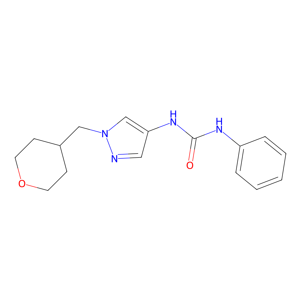 1-phenyl-3-(1-((tetrahydro-2H-pyran-4-yl)methyl)-1H-pyrazol-4-yl)urea molecular structure, CAS 1706077-04-4