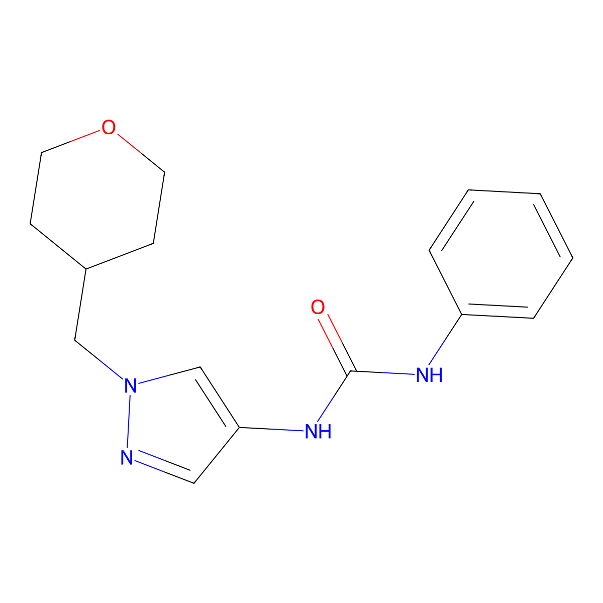 1-phenyl-3-(1-((tetrahydro-2H-pyran-4-yl)methyl)-1H-pyrazol-4-yl)urea molecular structure, CAS 1706077-04-4