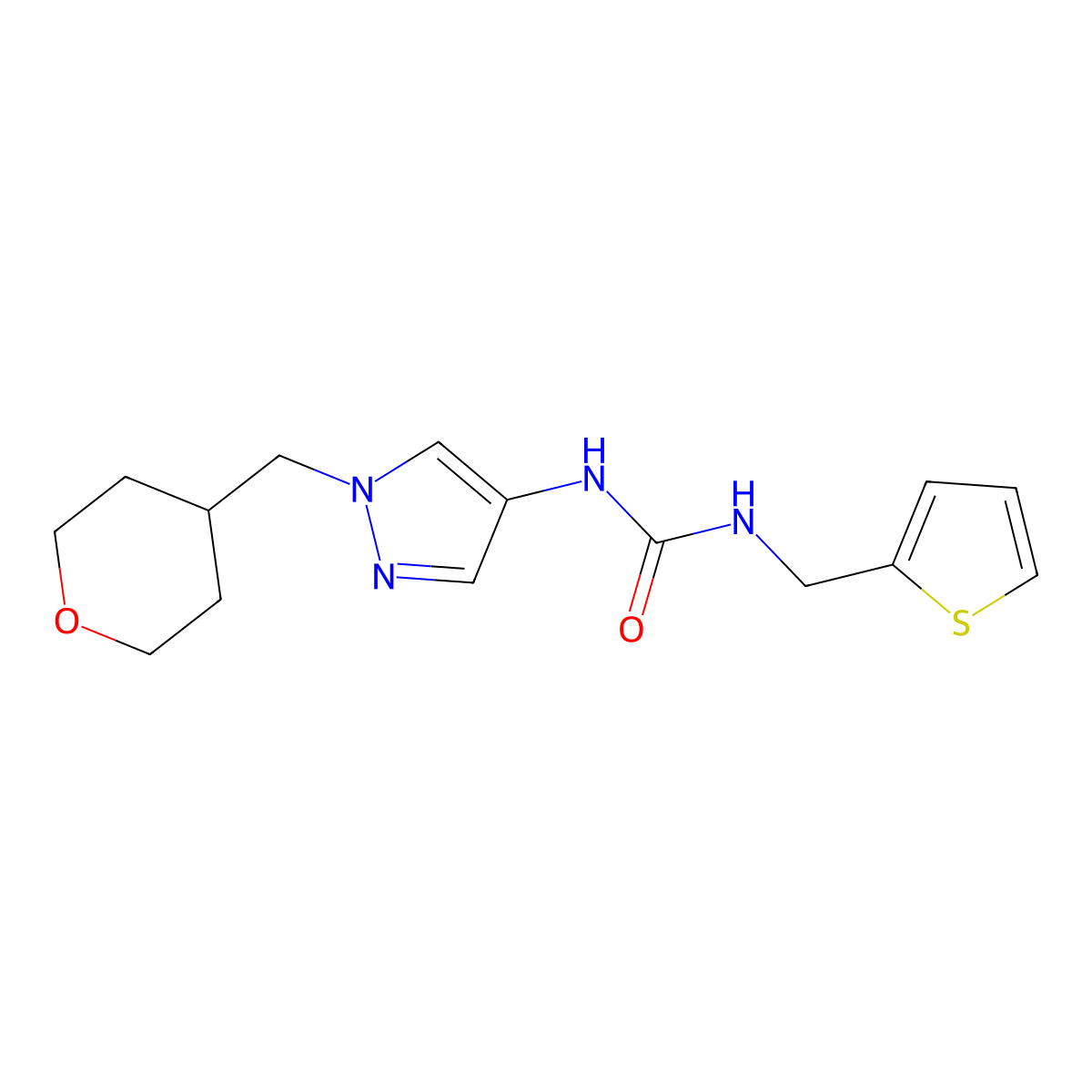 1-(1-((tetrahydro-2H-pyran-4-yl)methyl)-1H-pyrazol-4-yl)-3-(thiophen-2-ylmethyl)urea molecular structure, CAS 1706077-11-3