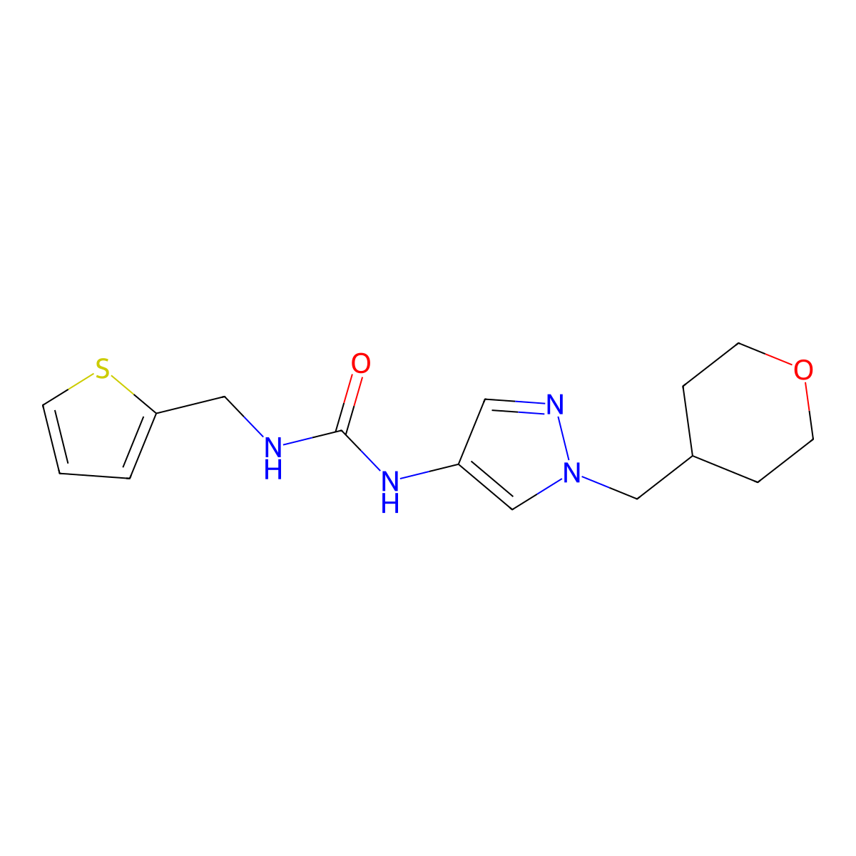 1-(1-((tetrahydro-2H-pyran-4-yl)methyl)-1H-pyrazol-4-yl)-3-(thiophen-2-ylmethyl)urea molecular structure, CAS 1706077-11-3