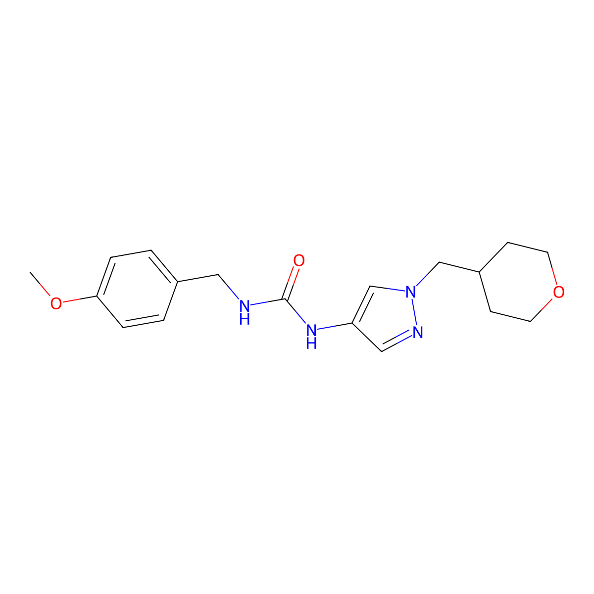 1-(4-methoxybenzyl)-3-(1-((tetrahydro-2H-pyran-4-yl)methyl)-1H-pyrazol-4-yl)urea molecular structure, CAS 1706077-14-6