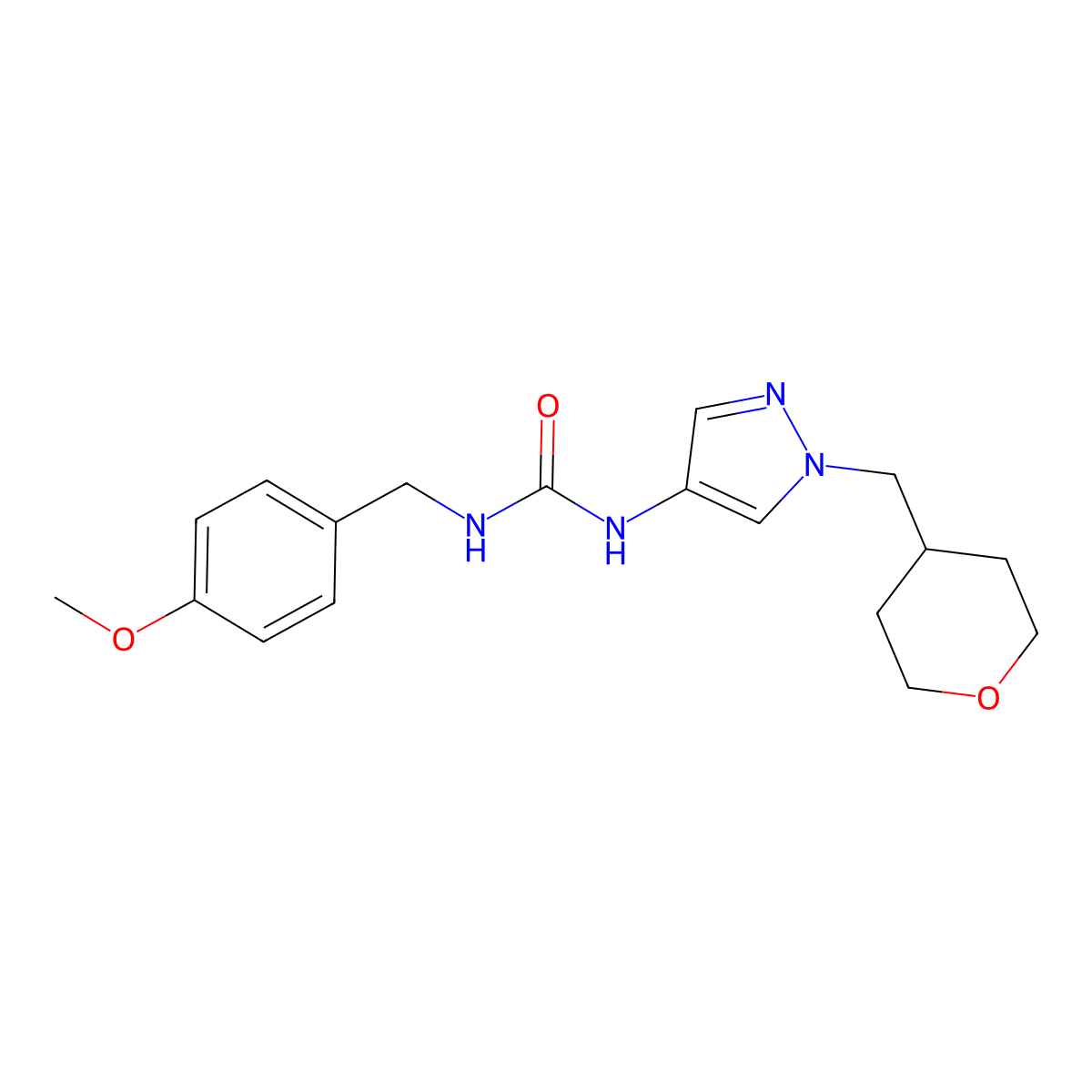 1-(4-methoxybenzyl)-3-(1-((tetrahydro-2H-pyran-4-yl)methyl)-1H-pyrazol-4-yl)urea molecular structure, CAS 1706077-14-6