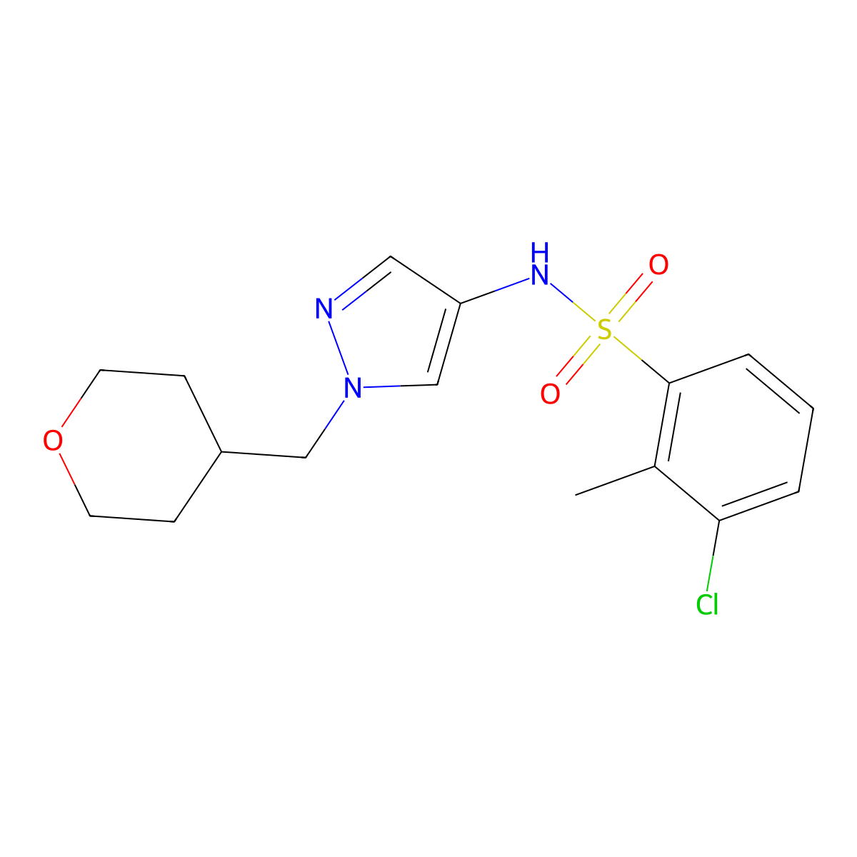 3-chloro-2-methyl-N-(1-((tetrahydro-2H-pyran-4-yl)methyl)-1H-pyrazol-4-yl)benzenesulfonamide molecular structure, CAS 1706077-27-1