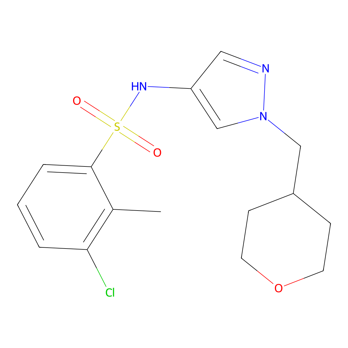 3-chloro-2-methyl-N-(1-((tetrahydro-2H-pyran-4-yl)methyl)-1H-pyrazol-4-yl)benzenesulfonamide molecular structure, CAS 1706077-27-1