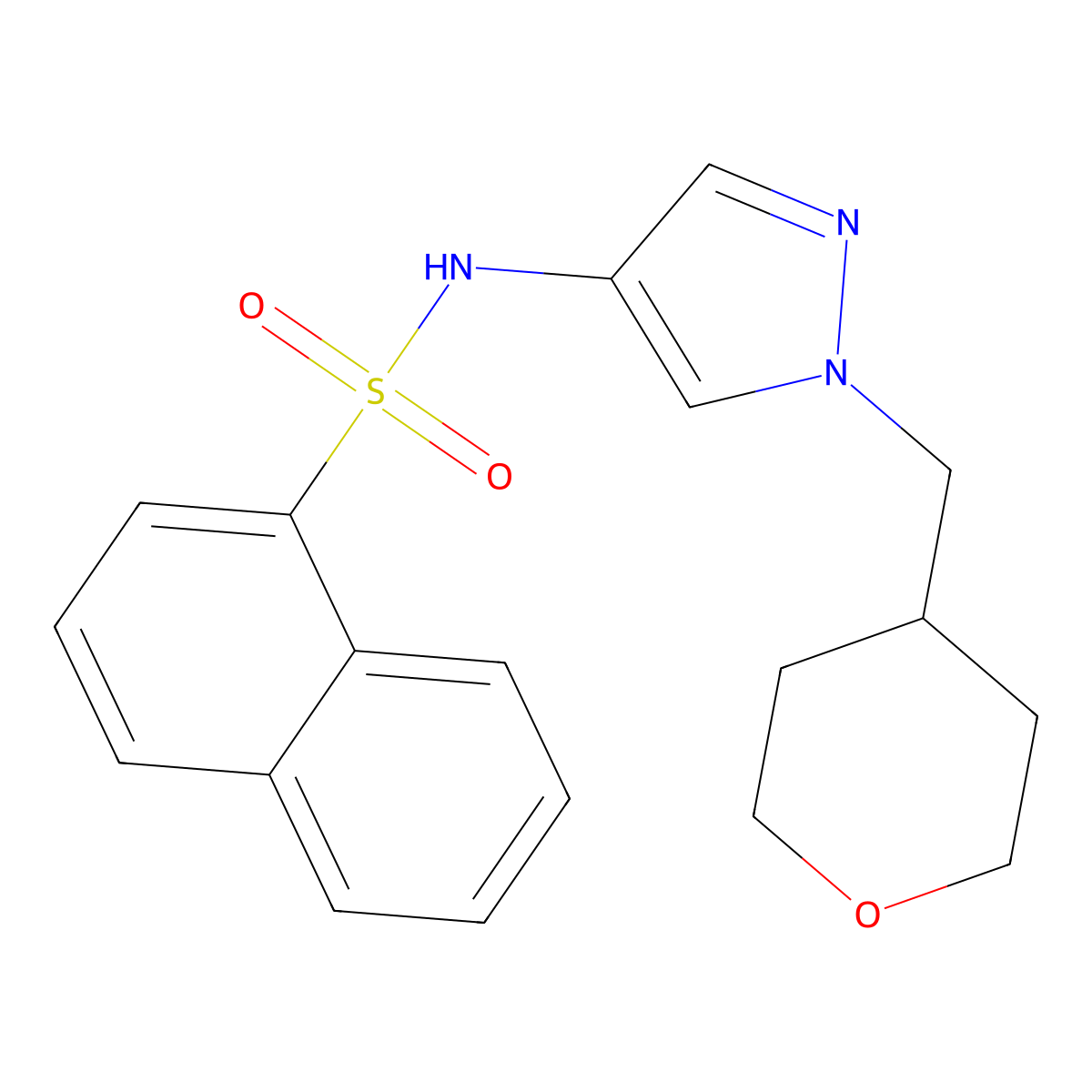 N-(1-((tetrahydro-2H-pyran-4-yl)methyl)-1H-pyrazol-4-yl)naphthalene-1-sulfonamide molecular structure, CAS 1706077-50-0