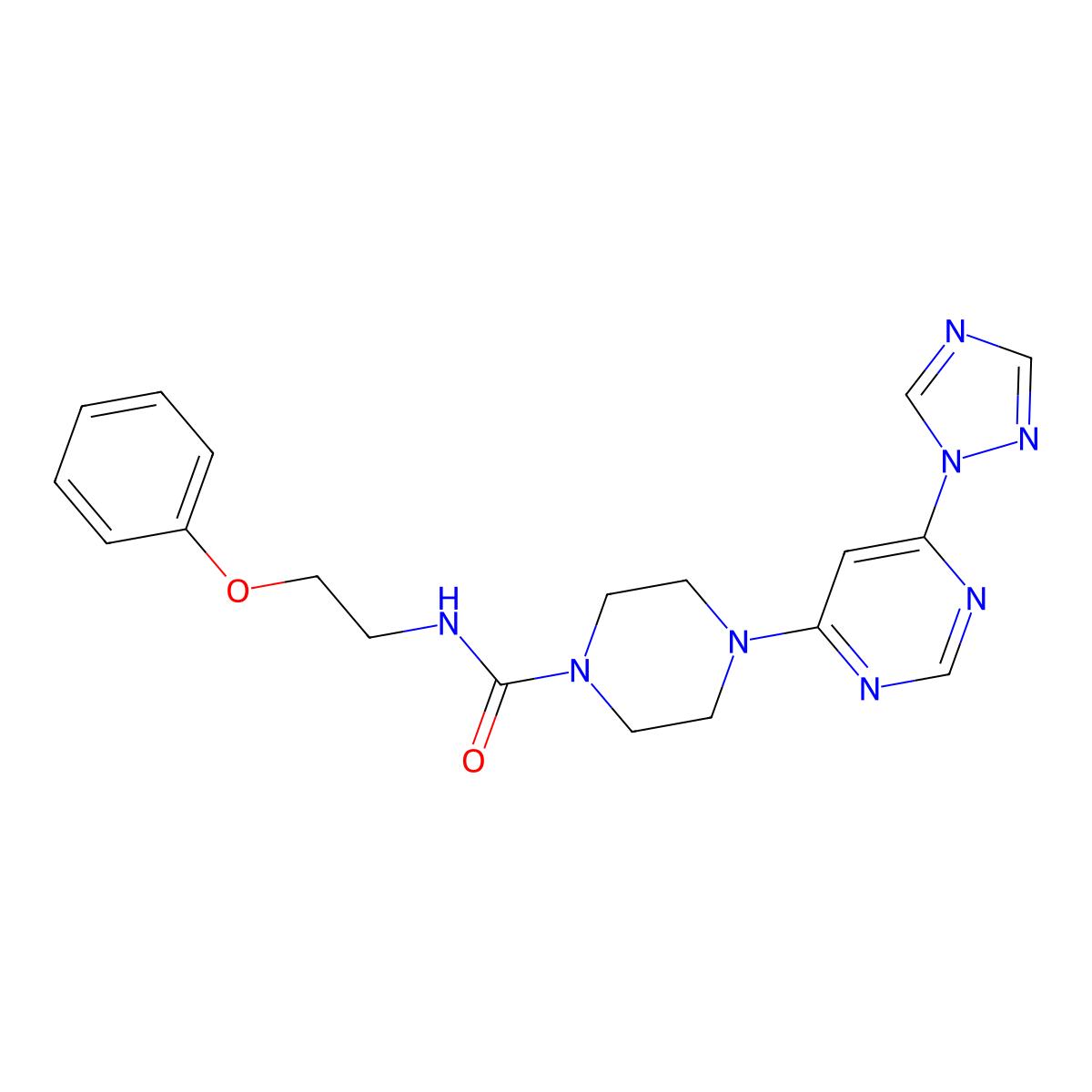 4-(6-(1H-1,2,4-triazol-1-yl)pyrimidin-4-yl)-N-(2-phenoxyethyl)piperazine-1-carboxamide molecular structure, CAS 1706077-98-6