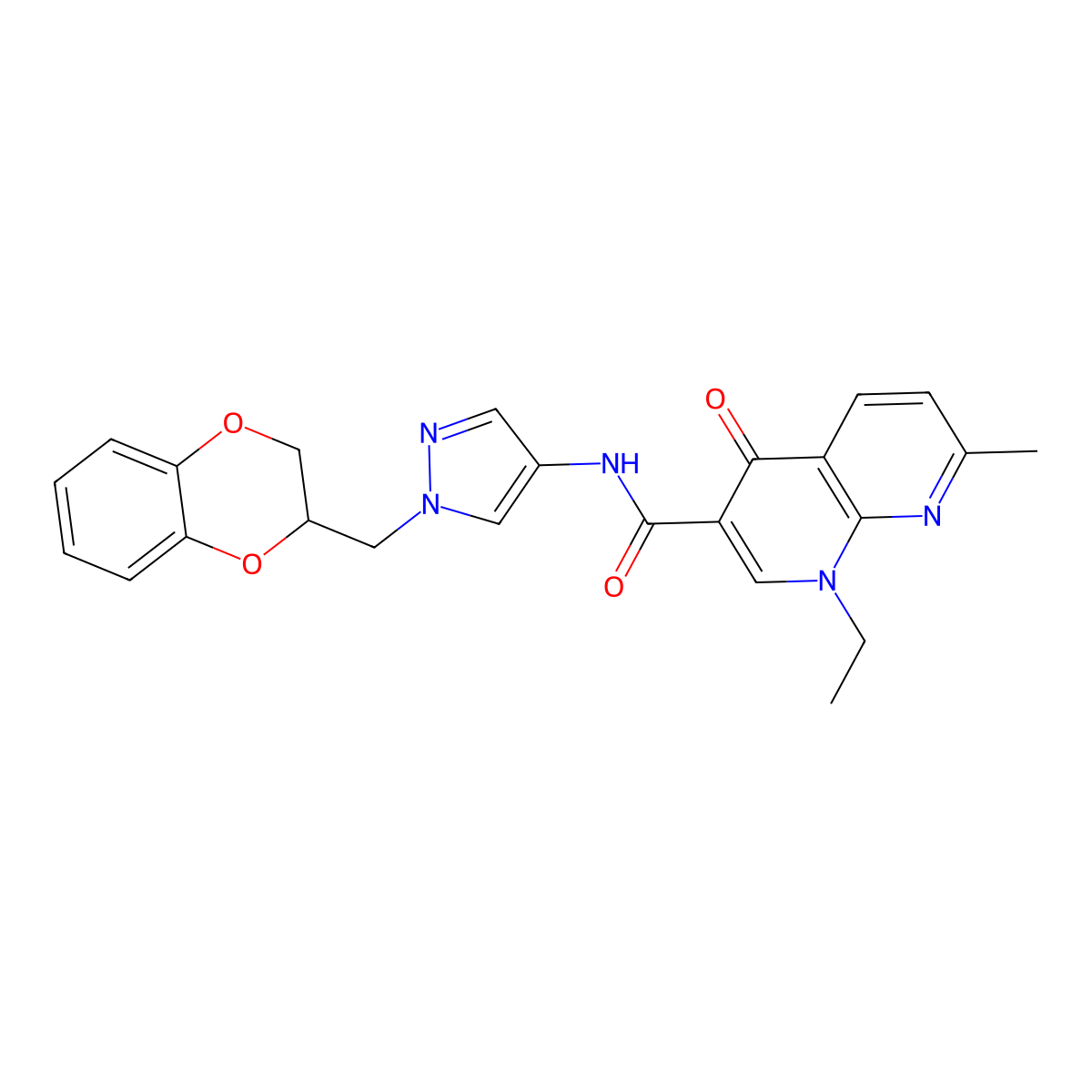N-(1-((2,3-dihydrobenzo[b][1,4]dioxin-2-yl)methyl)-1H-pyrazol-4-yl)-1-ethyl-7-methyl-4-oxo-1,4-dihydro-1,8-naphthyridine-3-carboxamide molecular structure, CAS 1706078-00-3