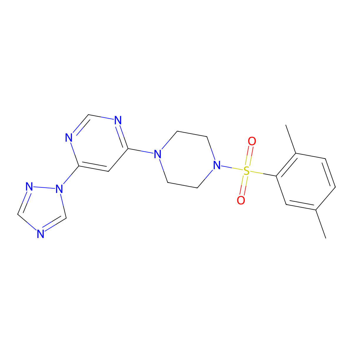 4-(4-((2,5-dimethylphenyl)sulfonyl)piperazin-1-yl)-6-(1H-1,2,4-triazol-1-yl)pyrimidine molecular structure, CAS 1706078-27-4