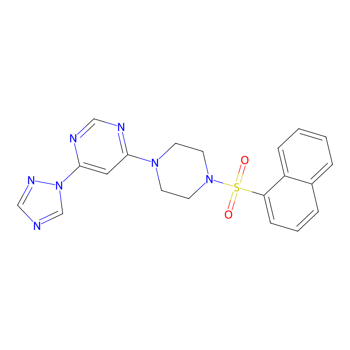 4-(4-(naphthalen-1-ylsulfonyl)piperazin-1-yl)-6-(1H-1,2,4-triazol-1-yl)pyrimidine molecular structure, CAS 1706078-60-5
