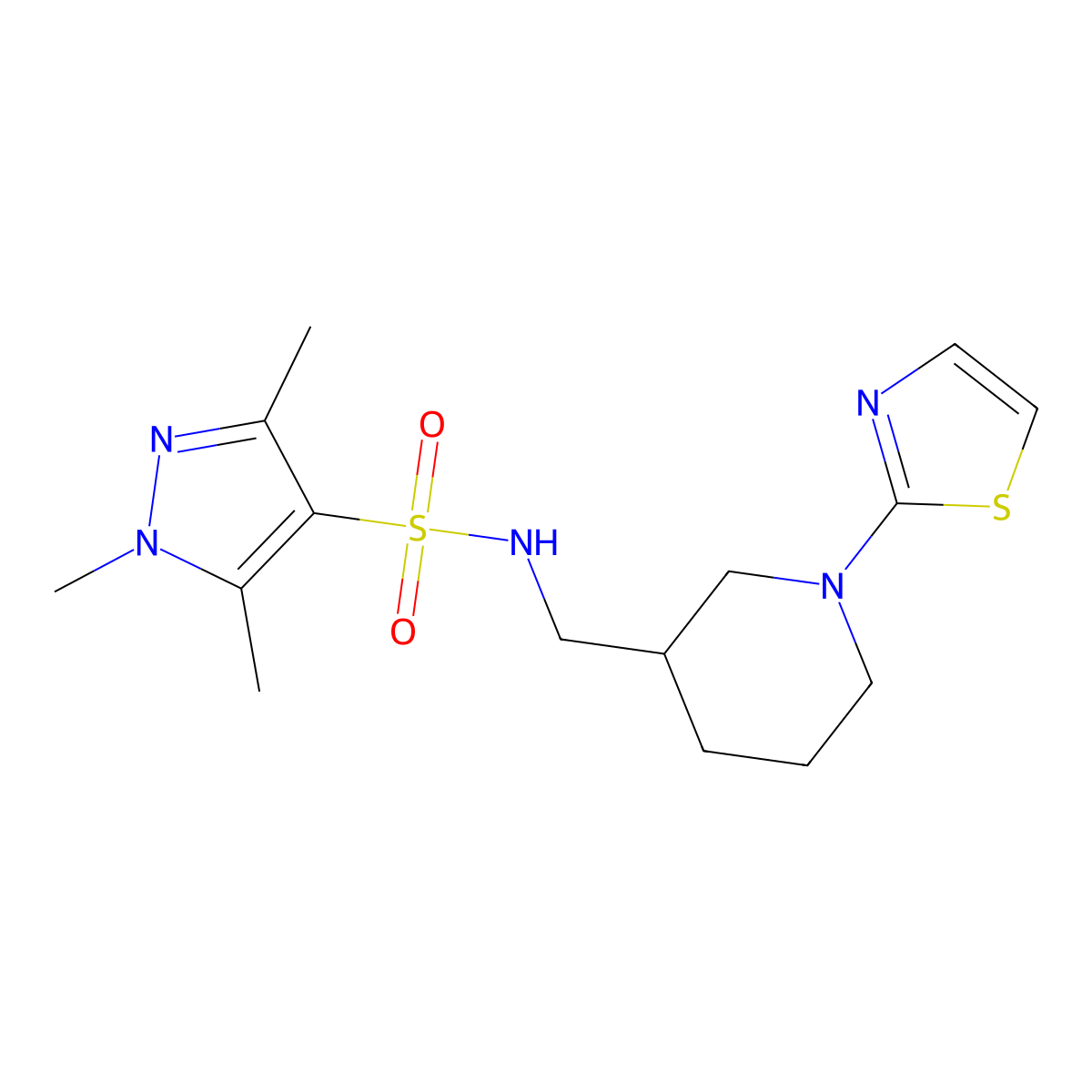 1,3,5-trimethyl-N-((1-(thiazol-2-yl)piperidin-3-yl)methyl)-1H-pyrazole-4-sulfonamide molecular structure, CAS 1706078-84-3