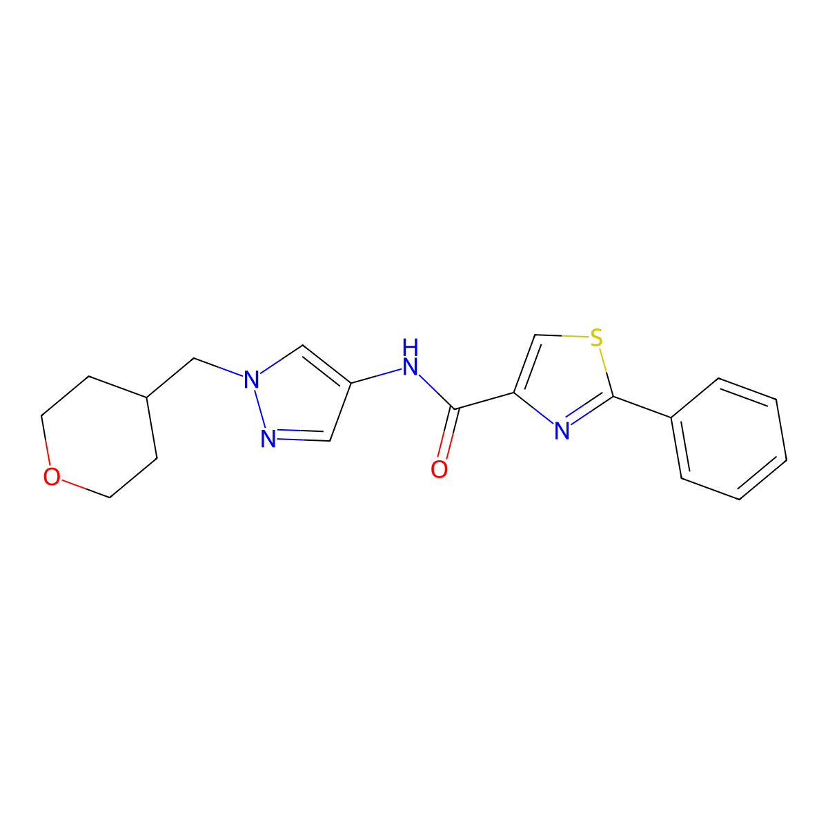2-phenyl-N-(1-((tetrahydro-2H-pyran-4-yl)methyl)-1H-pyrazol-4-yl)thiazole-4-carboxamide molecular structure, CAS 1706079-04-0
