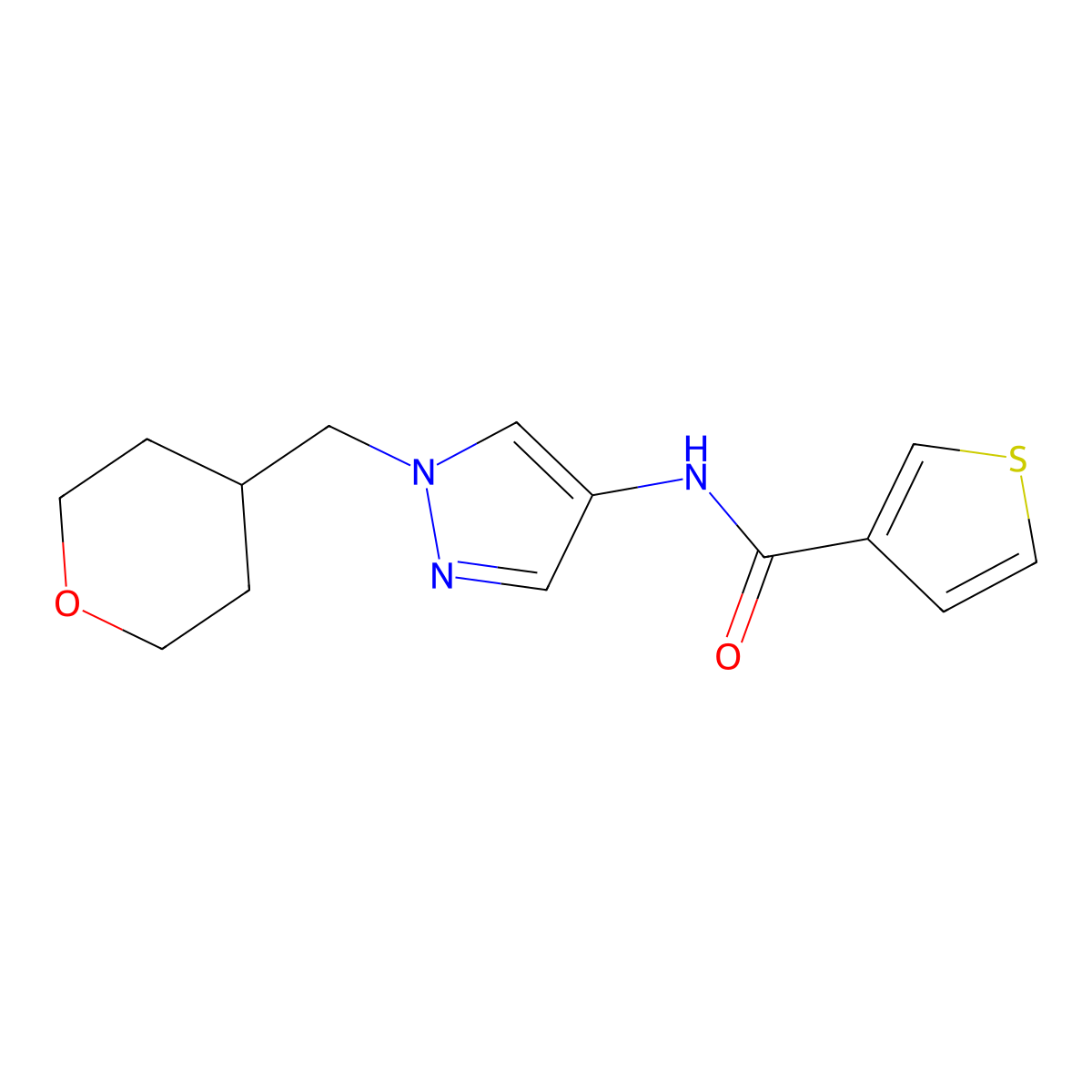 N-(1-((tetrahydro-2H-pyran-4-yl)methyl)-1H-pyrazol-4-yl)thiophene-3-carboxamide molecular structure, CAS 1706080-09-2