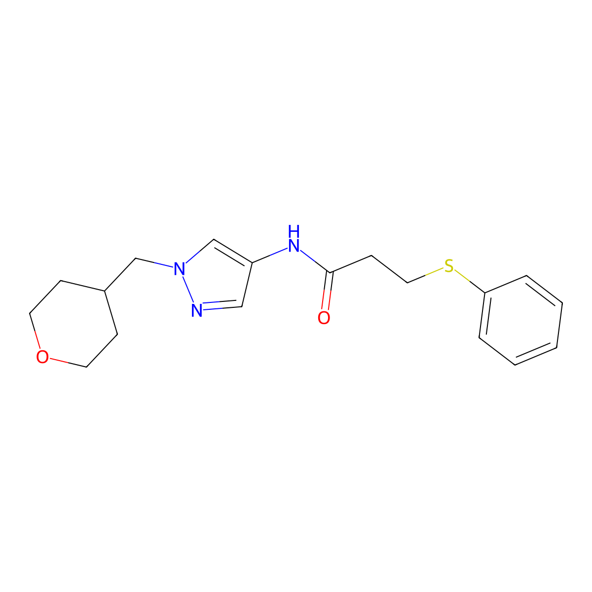 3-(phenylthio)-N-(1-((tetrahydro-2H-pyran-4-yl)methyl)-1H-pyrazol-4-yl)propanamide molecular structure, CAS 1706080-18-3