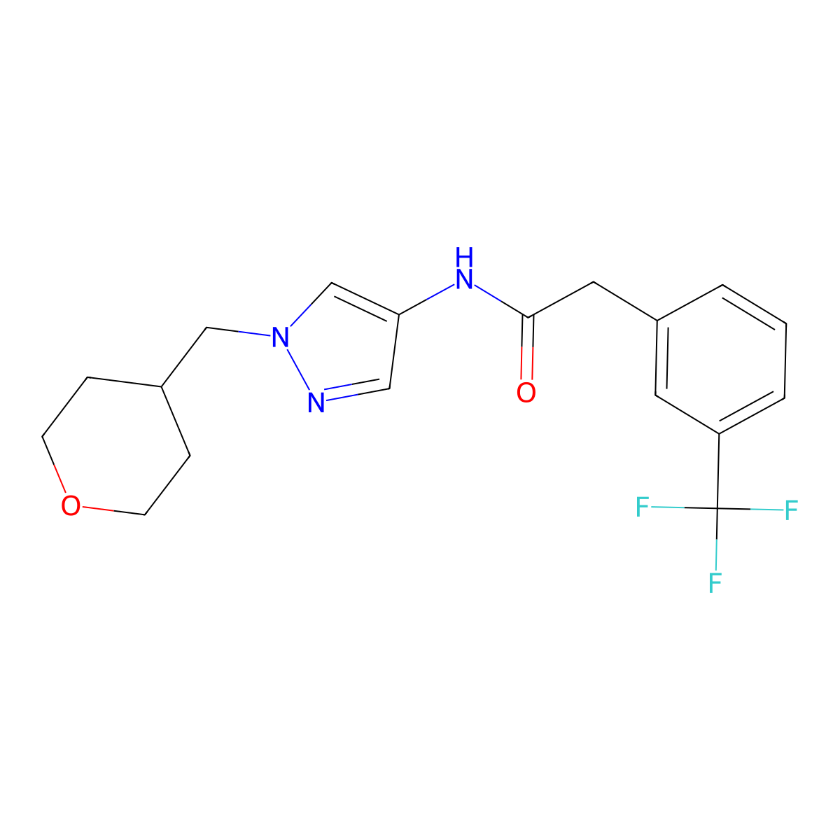 N-(1-((tetrahydro-2H-pyran-4-yl)methyl)-1H-pyrazol-4-yl)-2-(3-(trifluoromethyl)phenyl)acetamide molecular structure, CAS 1706081-01-7