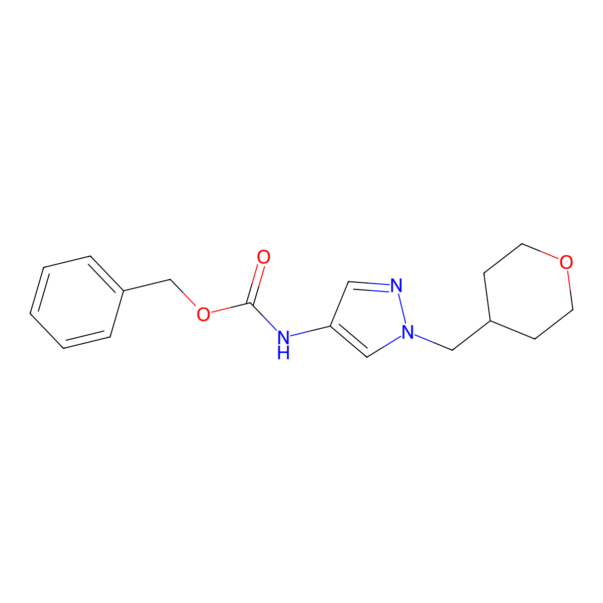 benzyl (1-((tetrahydro-2H-pyran-4-yl)methyl)-1H-pyrazol-4-yl)carbamate molecular structure, CAS 1706081-12-0