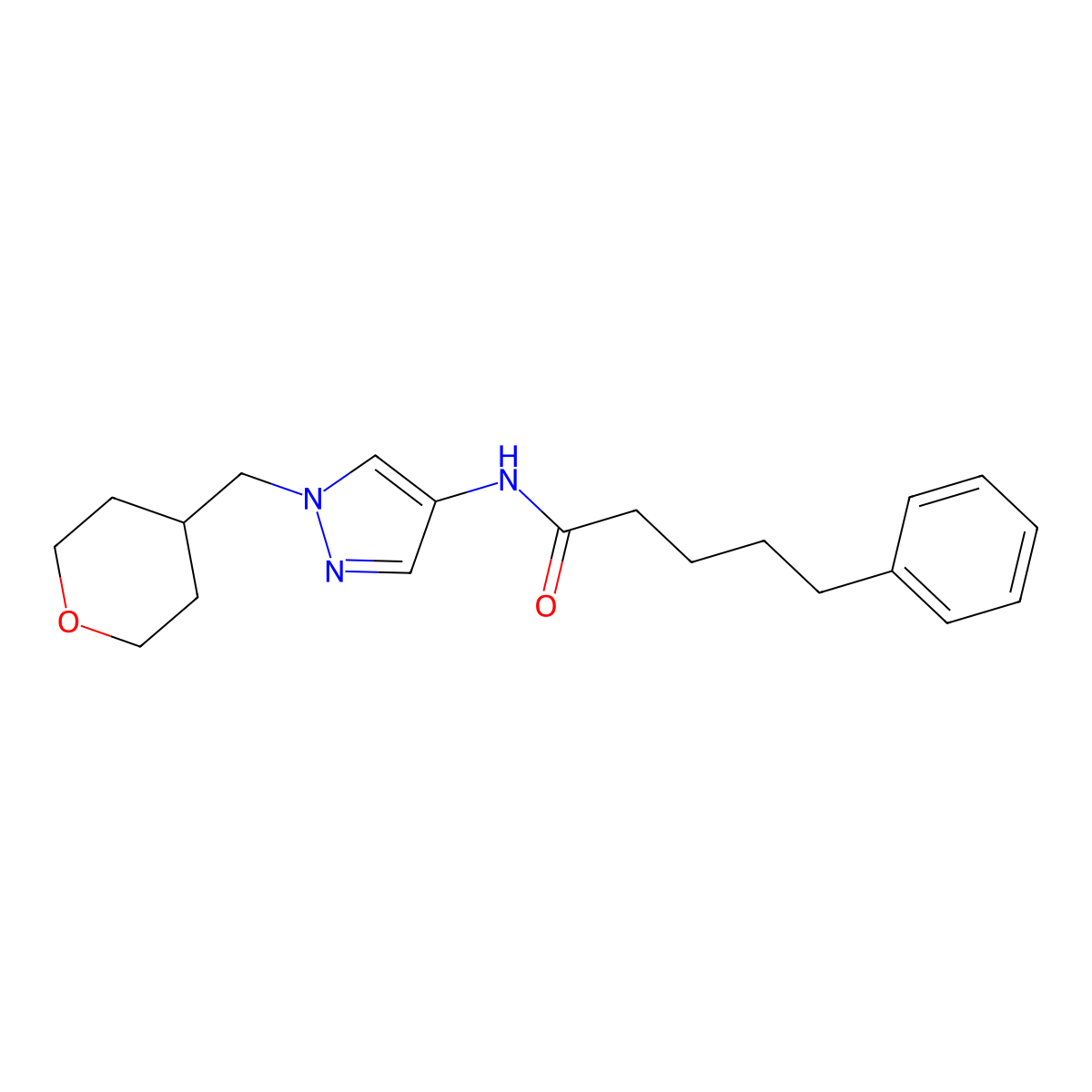 5-phenyl-N-(1-((tetrahydro-2H-pyran-4-yl)methyl)-1H-pyrazol-4-yl)pentanamide molecular structure, CAS 1706081-21-1