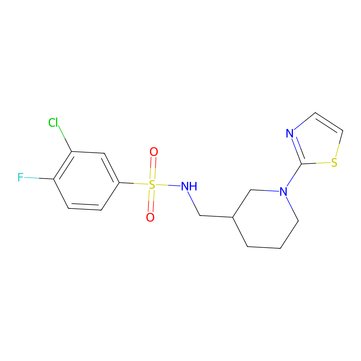 3-chloro-4-fluoro-N-((1-(thiazol-2-yl)piperidin-3-yl)methyl)benzenesulfonamide molecular structure, CAS 1706082-88-3