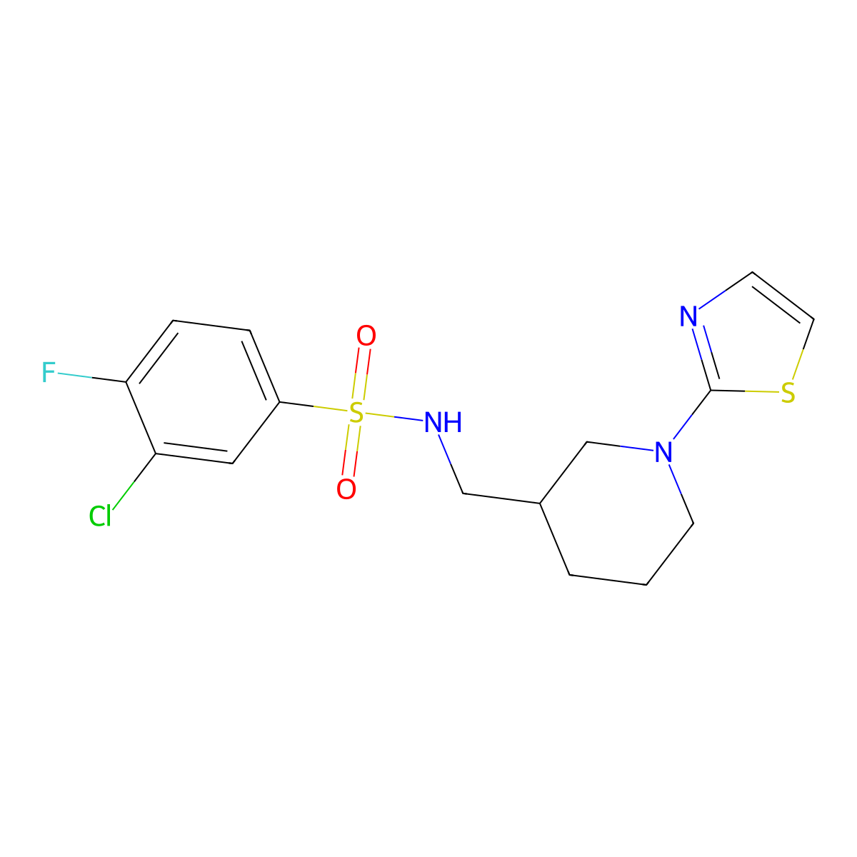 3-chloro-4-fluoro-N-((1-(thiazol-2-yl)piperidin-3-yl)methyl)benzenesulfonamide molecular structure, CAS 1706082-88-3