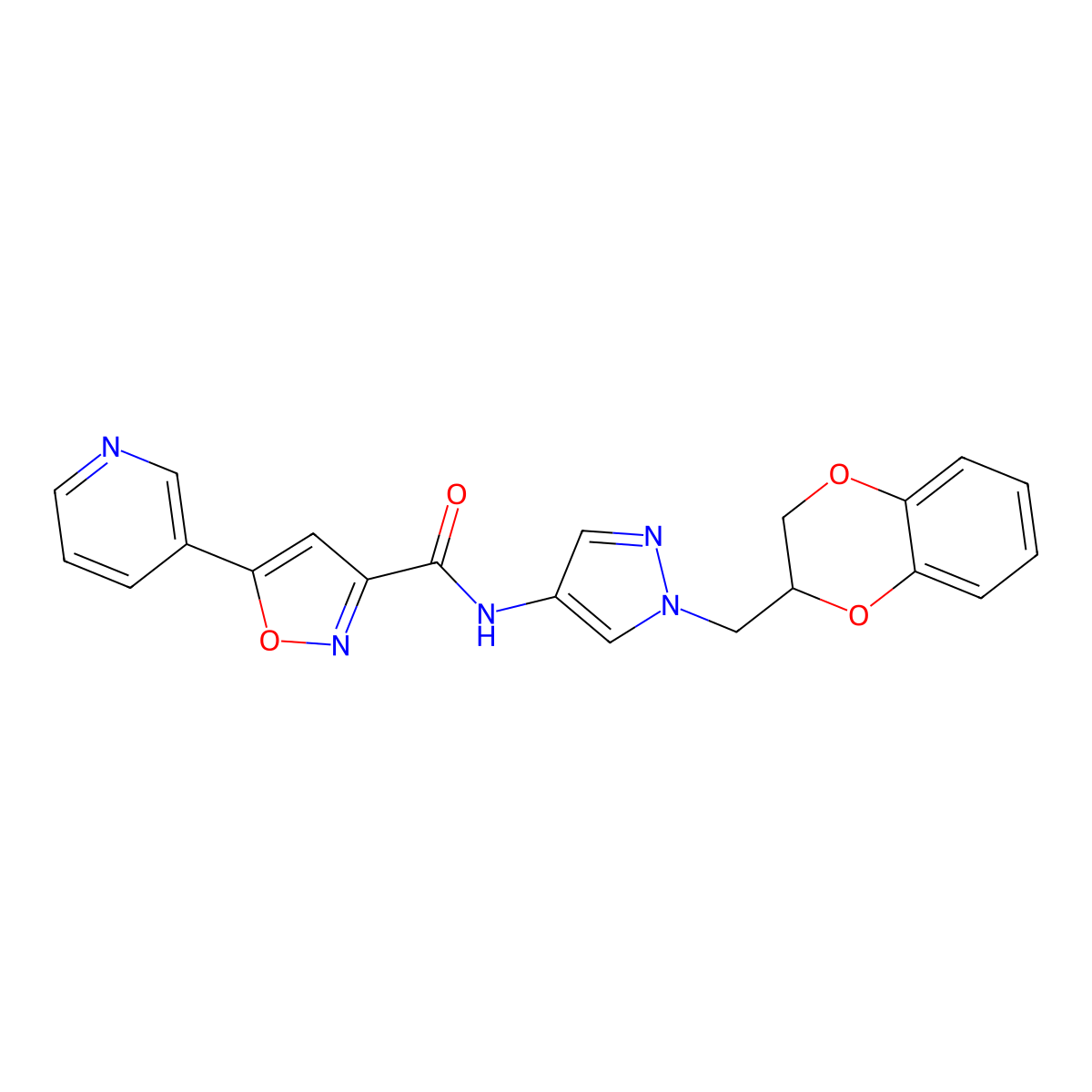 N-(1-((2,3-dihydrobenzo[b][1,4]dioxin-2-yl)methyl)-1H-pyrazol-4-yl)-5-(pyridin-3-yl)isoxazole-3-carboxamide molecular structure, CAS 1706083-15-9
