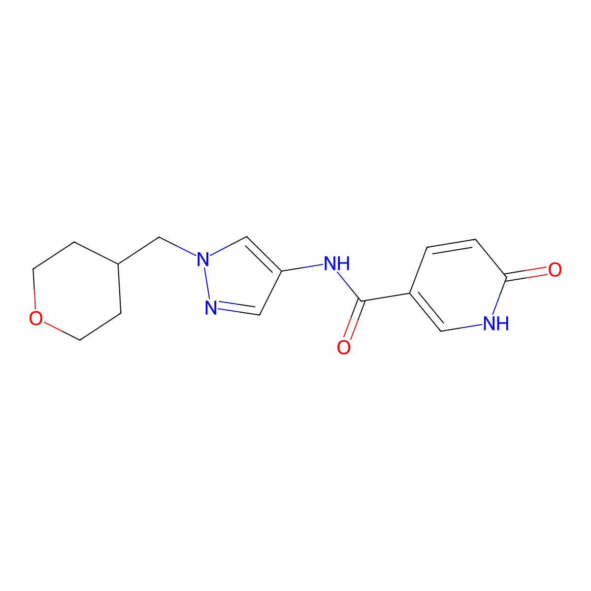 6-oxo-N-(1-((tetrahydro-2H-pyran-4-yl)methyl)-1H-pyrazol-4-yl)-1,6-dihydropyridine-3-carboxamide molecular structure, CAS 1706083-16-0
