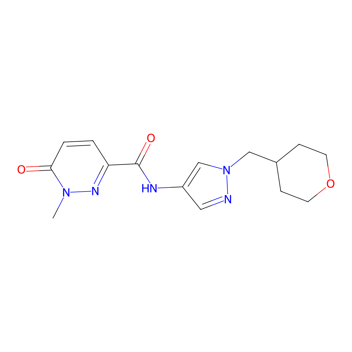 1-methyl-6-oxo-N-(1-((tetrahydro-2H-pyran-4-yl)methyl)-1H-pyrazol-4-yl)-1,6-dihydropyridazine-3-carboxamide molecular structure, CAS 1706083-21-7