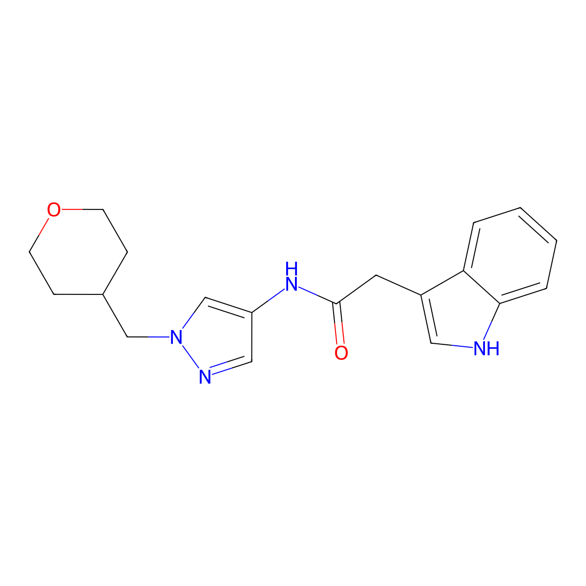 2-(1H-indol-3-yl)-N-{1-[(oxan-4-yl)methyl]-1H-pyrazol-4-yl}acetamide molecular structure, CAS 1706083-37-5
