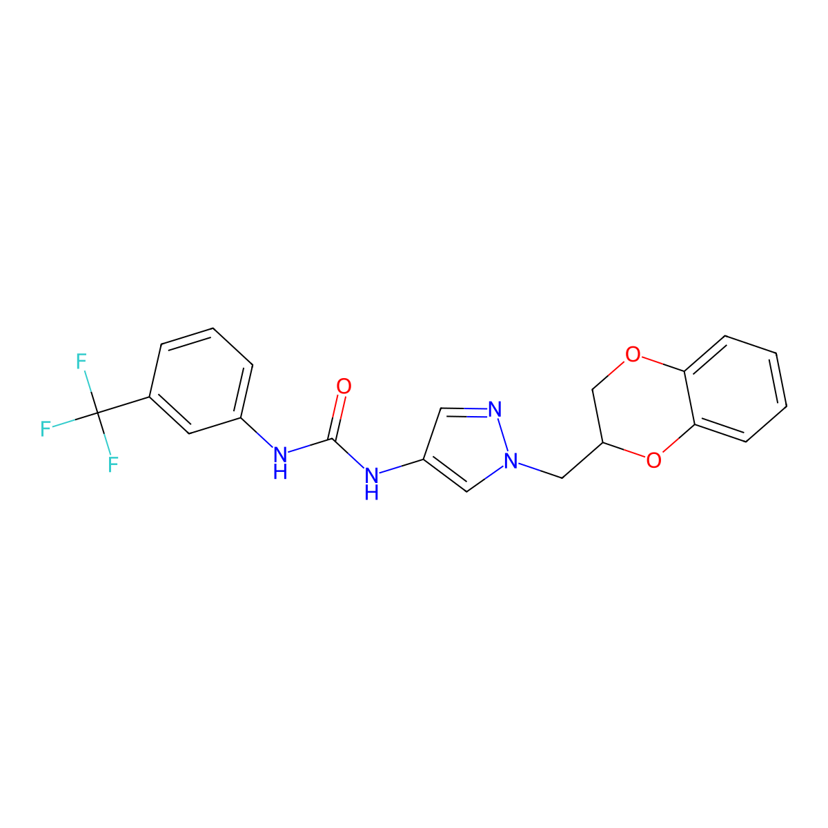 1-(1-((2,3-dihydrobenzo[b][1,4]dioxin-2-yl)methyl)-1H-pyrazol-4-yl)-3-(3-(trifluoromethyl)phenyl)urea molecular structure, CAS 1706083-47-7