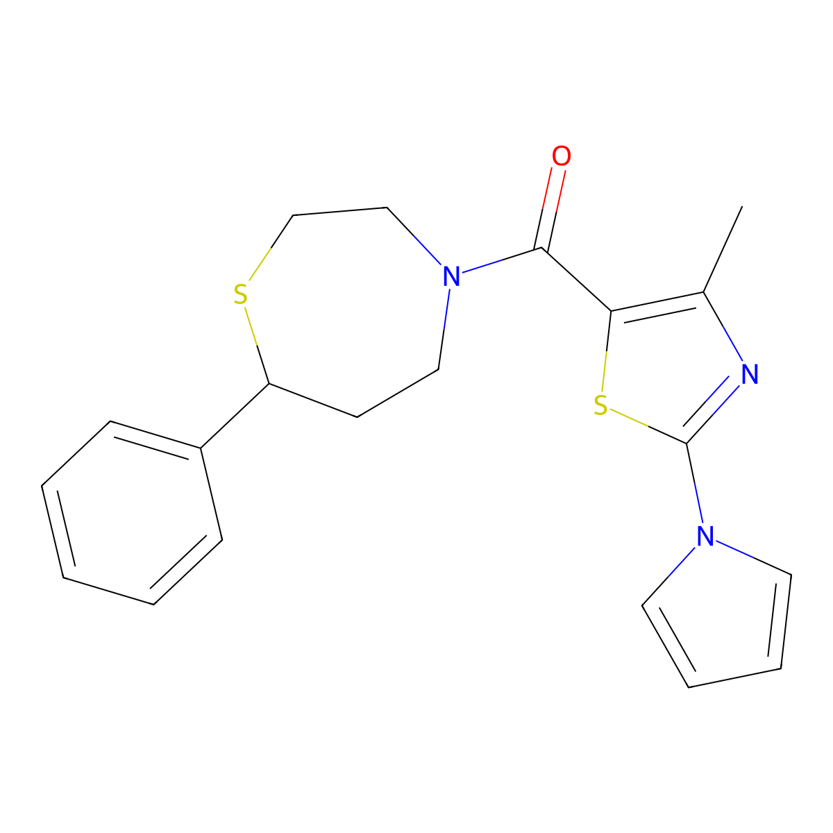 (4-methyl-2-(1H-pyrrol-1-yl)thiazol-5-yl)(7-phenyl-1,4-thiazepan-4-yl)methanone molecular structure, CAS 1706089-06-6