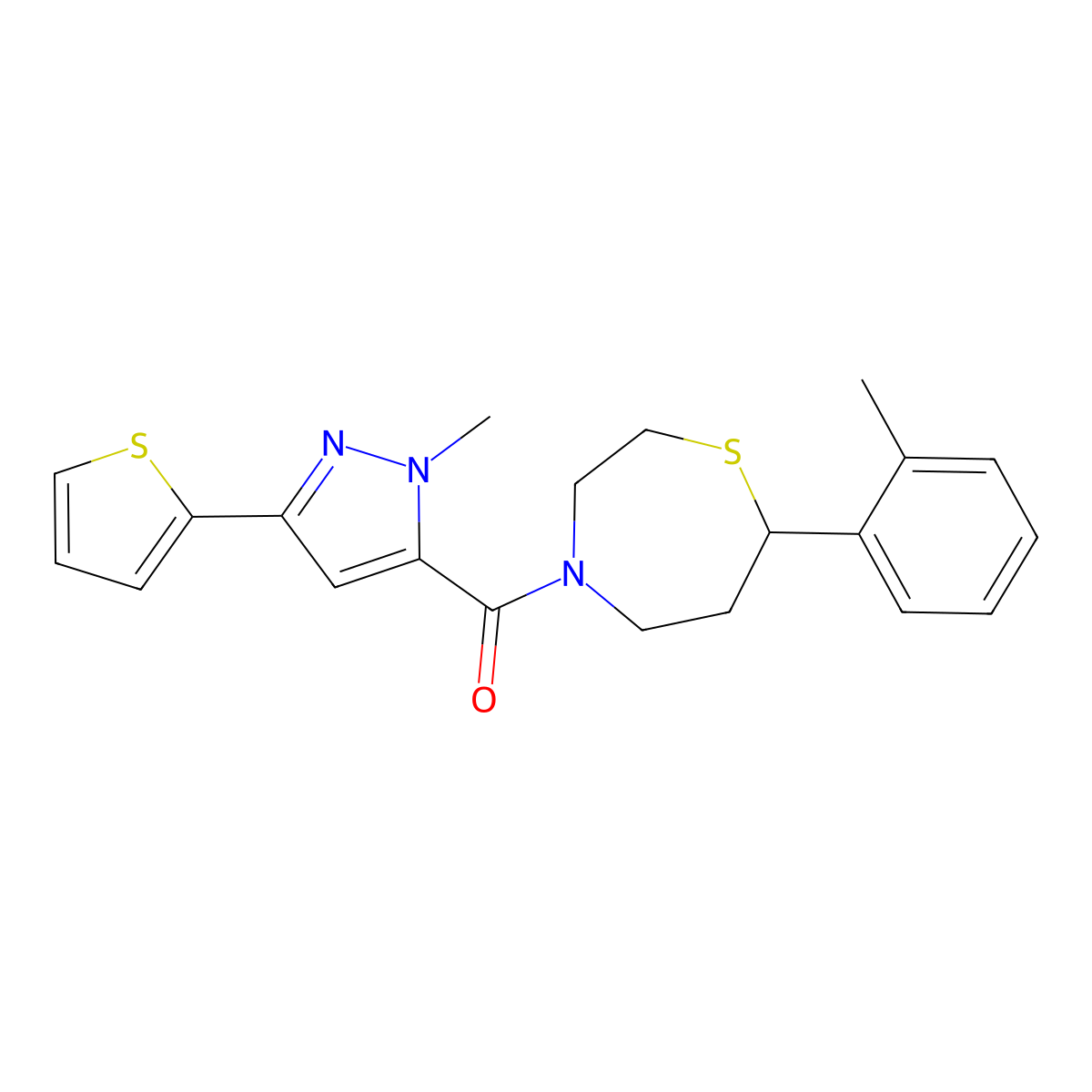 (1-methyl-3-(thiophen-2-yl)-1H-pyrazol-5-yl)(7-(o-tolyl)-1,4-thiazepan-4-yl)methanone molecular structure, CAS 1706090-89-2