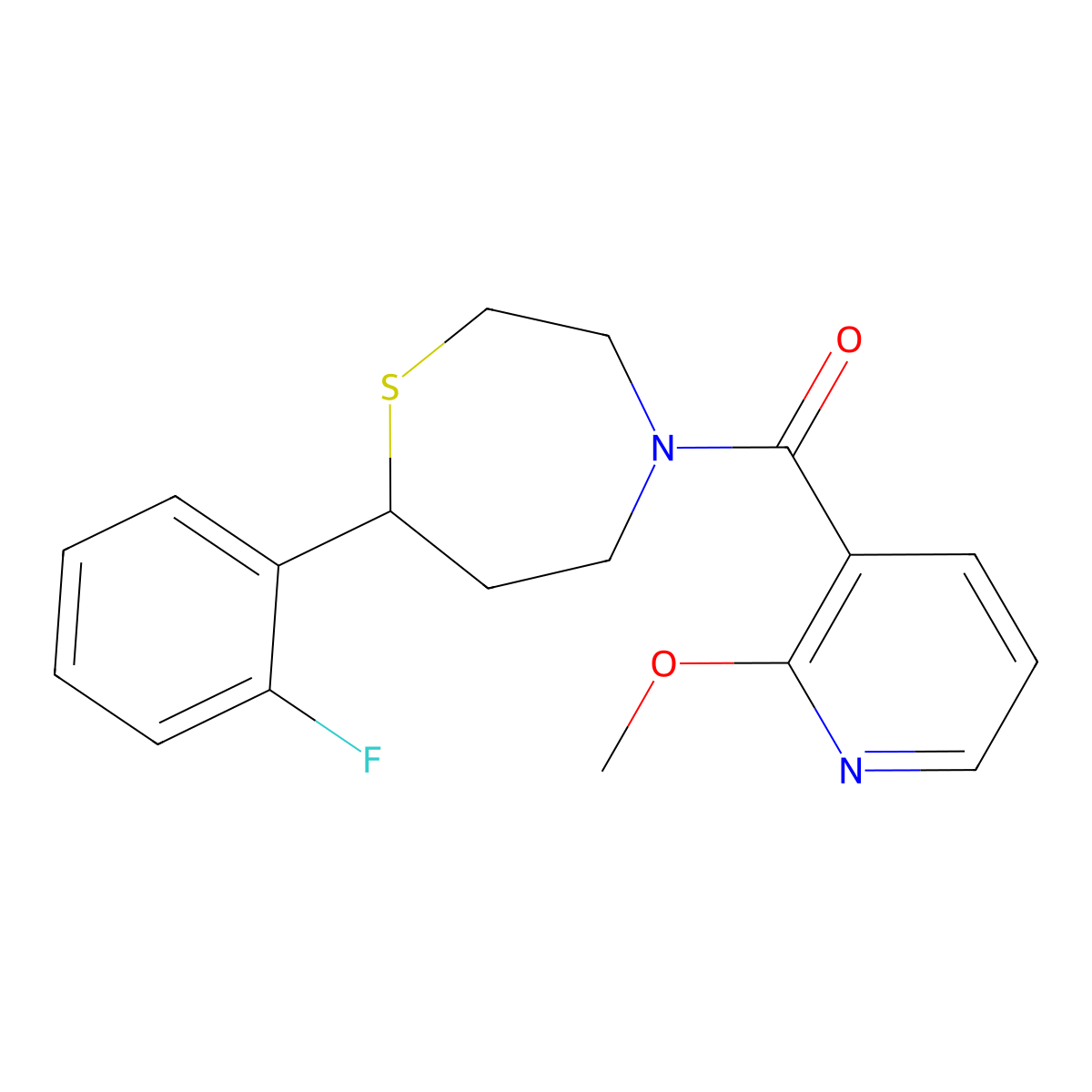 (7-(2-Fluorophenyl)-1,4-thiazepan-4-yl)(2-methoxypyridin-3-yl)methanone molecular structure, CAS 1706092-94-5