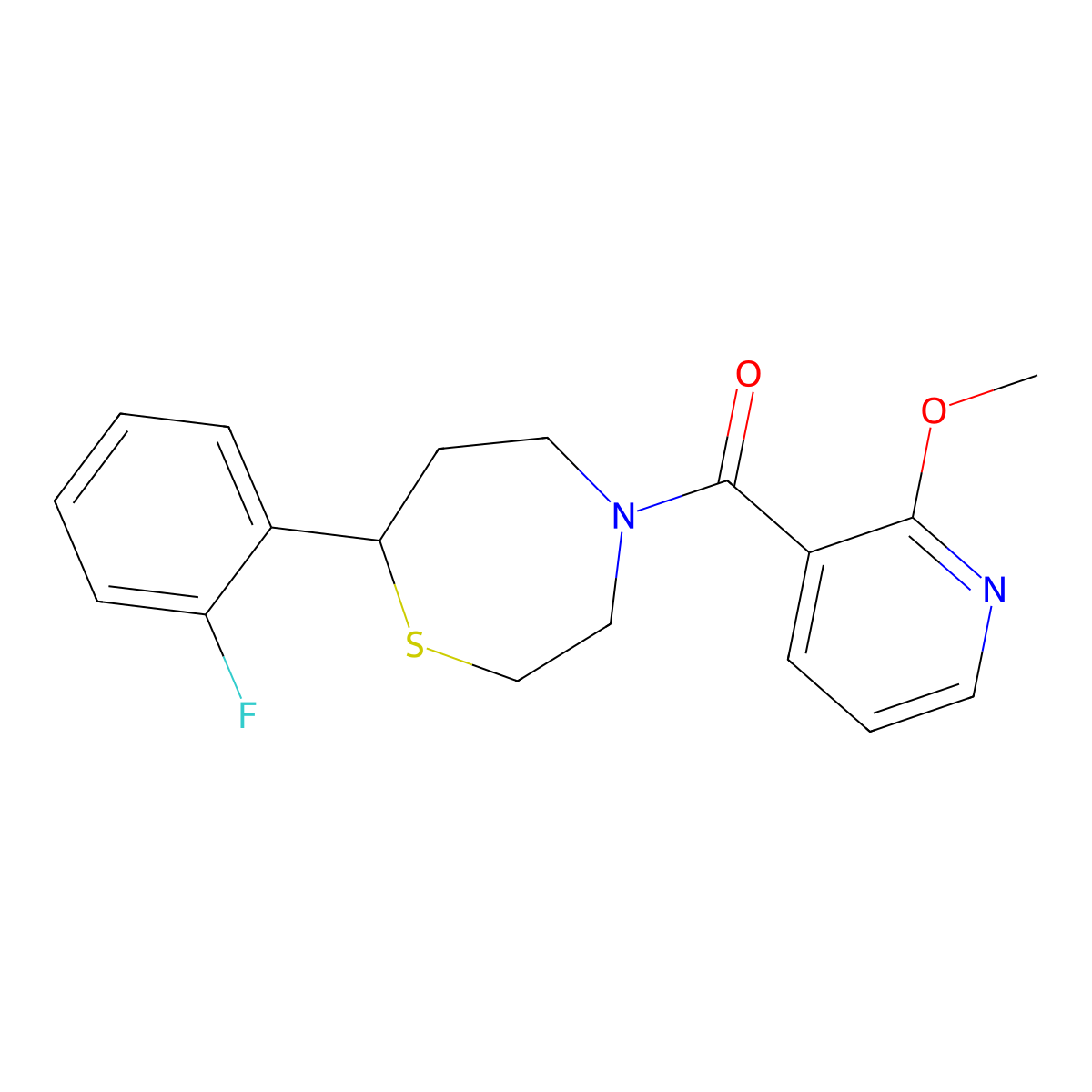 (7-(2-Fluorophenyl)-1,4-thiazepan-4-yl)(2-methoxypyridin-3-yl)methanone molecular structure, CAS 1706092-94-5