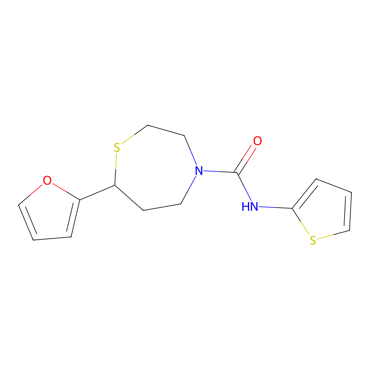 7-(furan-2-yl)-N-(thiophen-2-yl)-1,4-thiazepane-4-carboxamide molecular structure, CAS 1706093-38-0