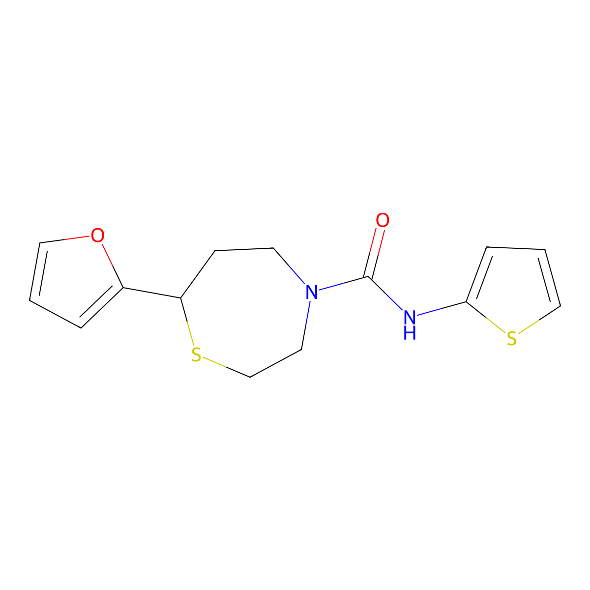 7-(furan-2-yl)-N-(thiophen-2-yl)-1,4-thiazepane-4-carboxamide molecular structure, CAS 1706093-38-0