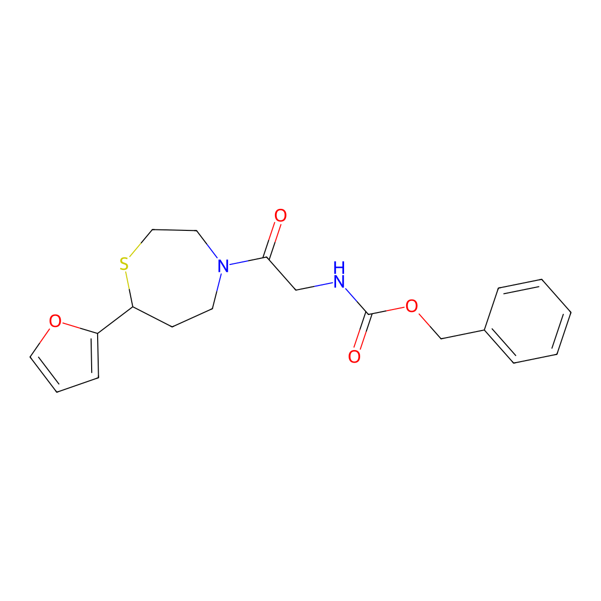Benzyl (2-(7-(furan-2-yl)-1,4-thiazepan-4-yl)-2-oxoethyl)carbamate molecular structure, CAS 1706094-13-4