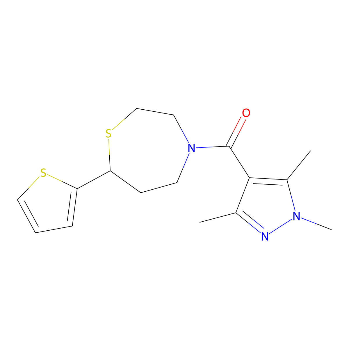 (7-(thiophen-2-yl)-1,4-thiazepan-4-yl)(1,3,5-trimethyl-1H-pyrazol-4-yl)methanone molecular structure, CAS 1706094-87-2