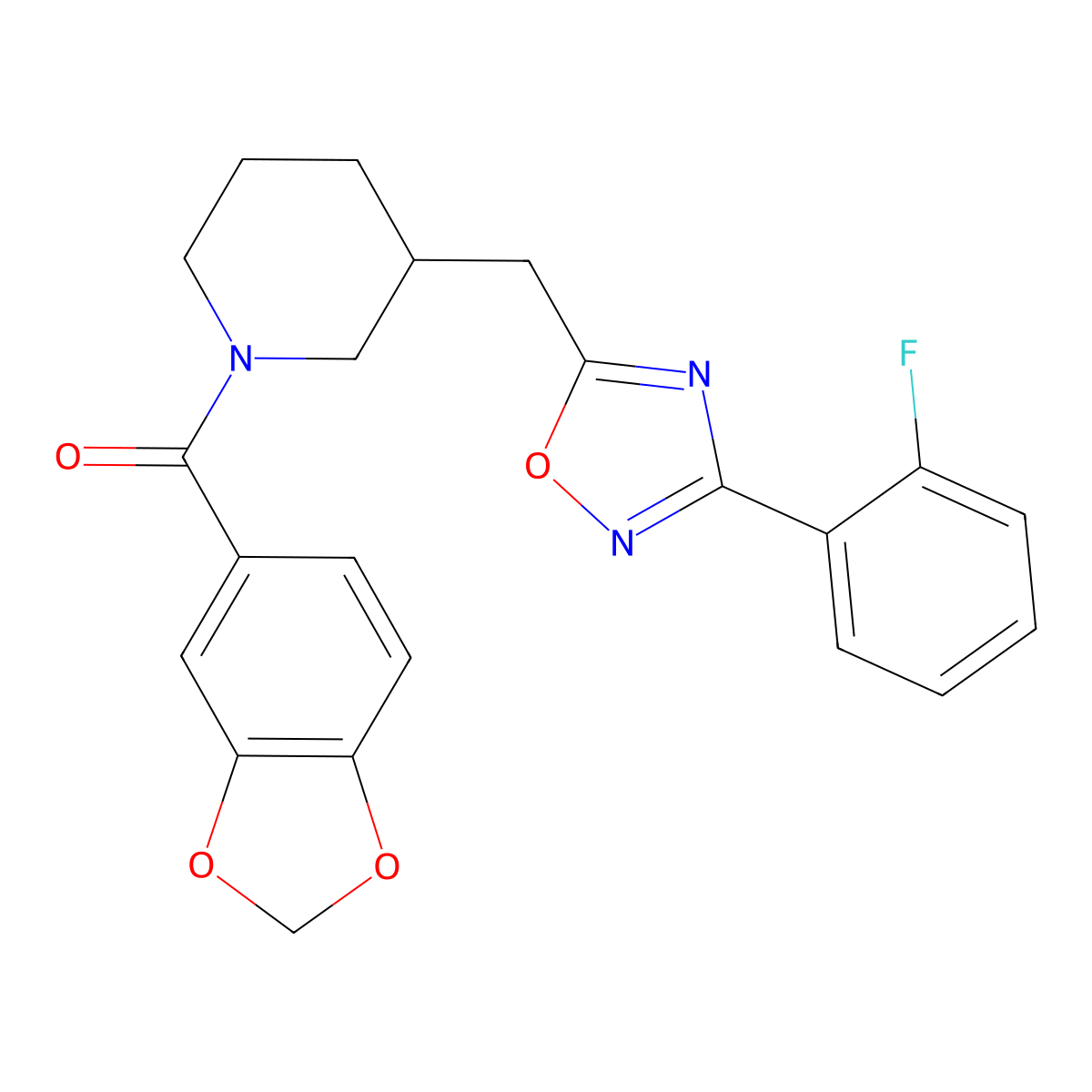 Benzo[d][1,3]dioxol-5-yl(3-((3-(2-fluorophenyl)-1,2,4-oxadiazol-5-yl)methyl)piperidin-1-yl)methanone molecular structure, CAS 1706099-83-3