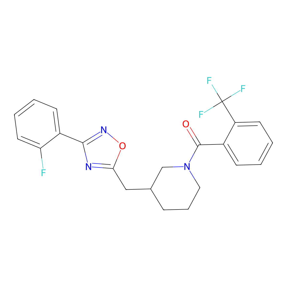 (3-((3-(2-Fluorophenyl)-1,2,4-oxadiazol-5-yl)methyl)piperidin-1-yl)(2-(trifluoromethyl)phenyl)methanone molecular structure, CAS 1706099-91-3
