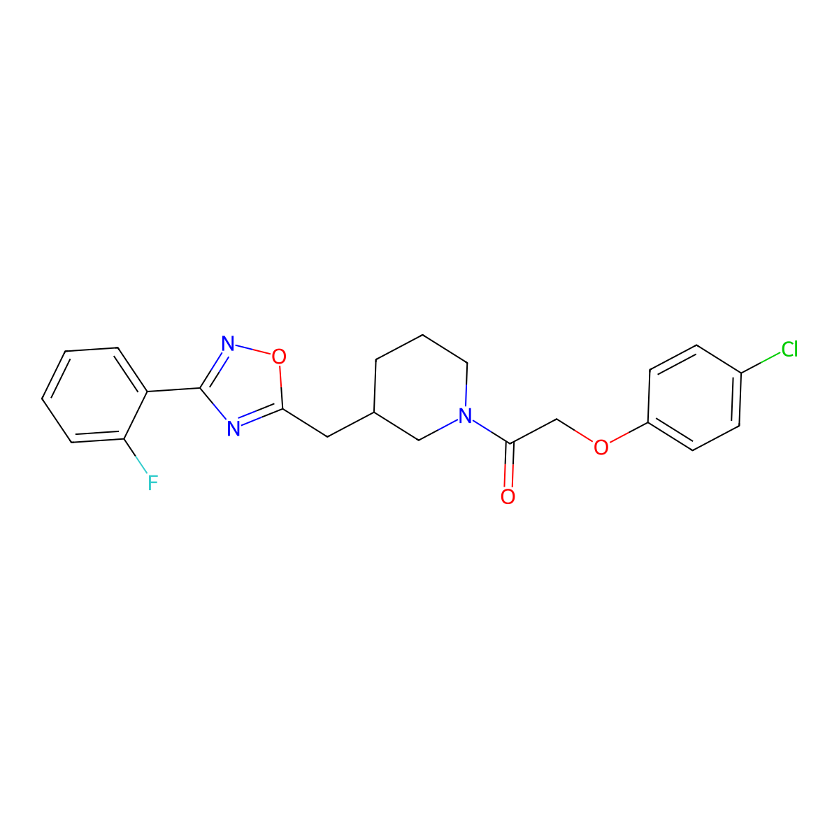 2-(4-Chlorophenoxy)-1-(3-((3-(2-fluorophenyl)-1,2,4-oxadiazol-5-yl)methyl)piperidin-1-yl)ethanone molecular structure, CAS 1706099-99-1