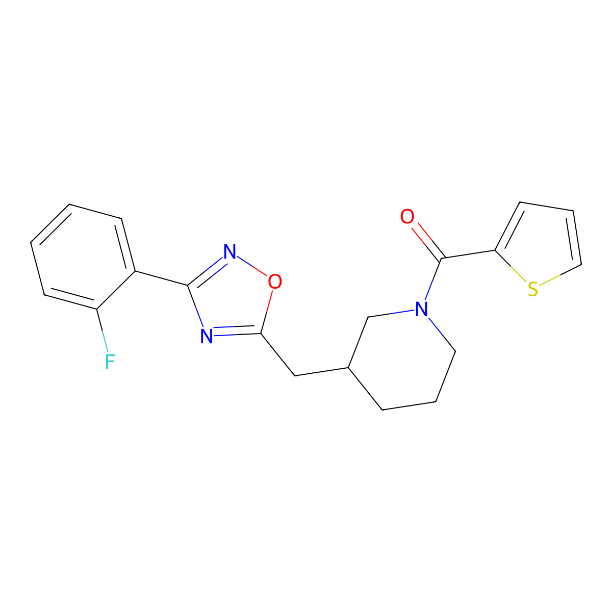(3-((3-(2-Fluorophenyl)-1,2,4-oxadiazol-5-yl)methyl)piperidin-1-yl)(thiophen-2-yl)methanone molecular structure, CAS 1706100-14-2