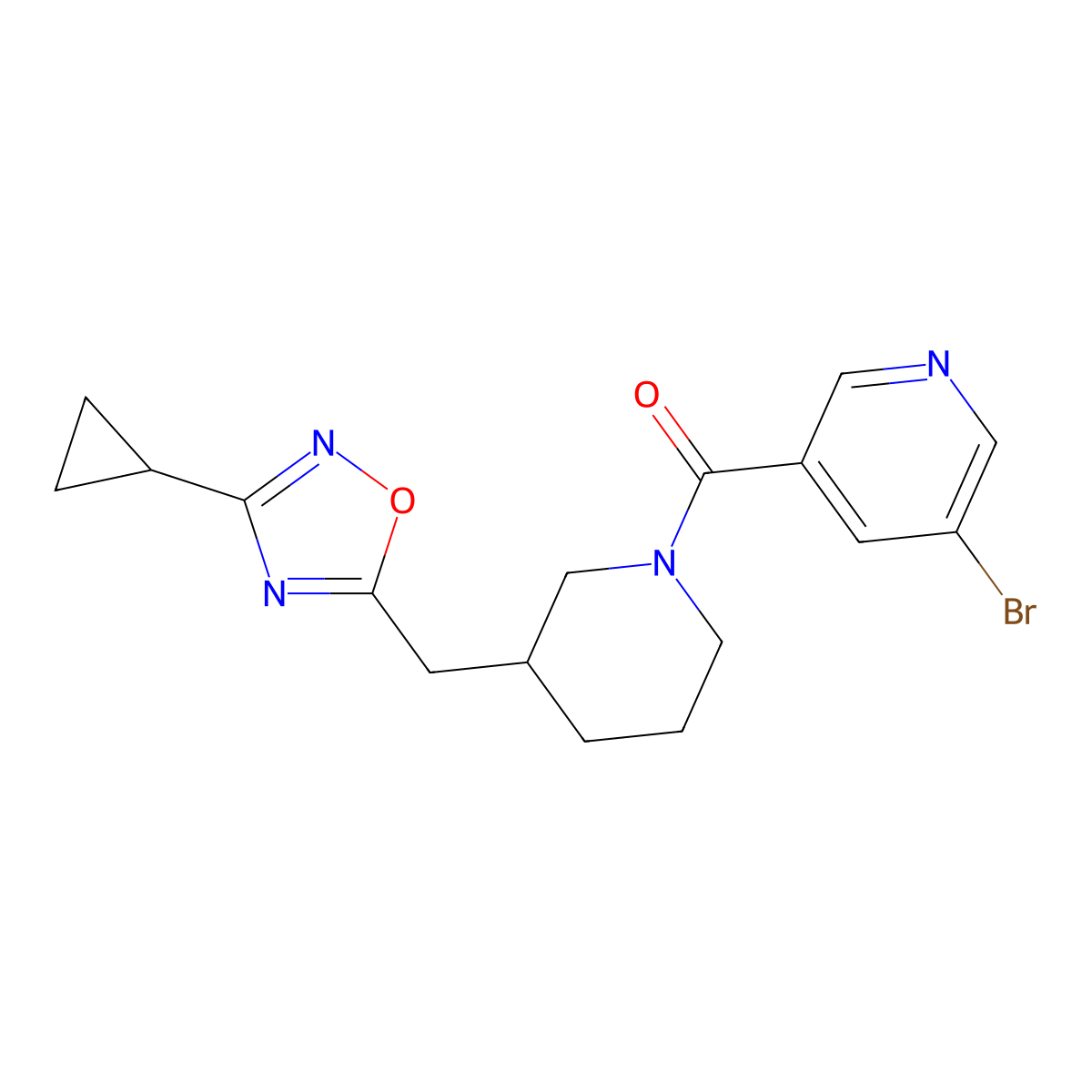 (5-Bromopyridin-3-yl)(3-((3-cyclopropyl-1,2,4-oxadiazol-5-yl)methyl)piperidin-1-yl)methanone molecular structure, CAS 1706101-48-5