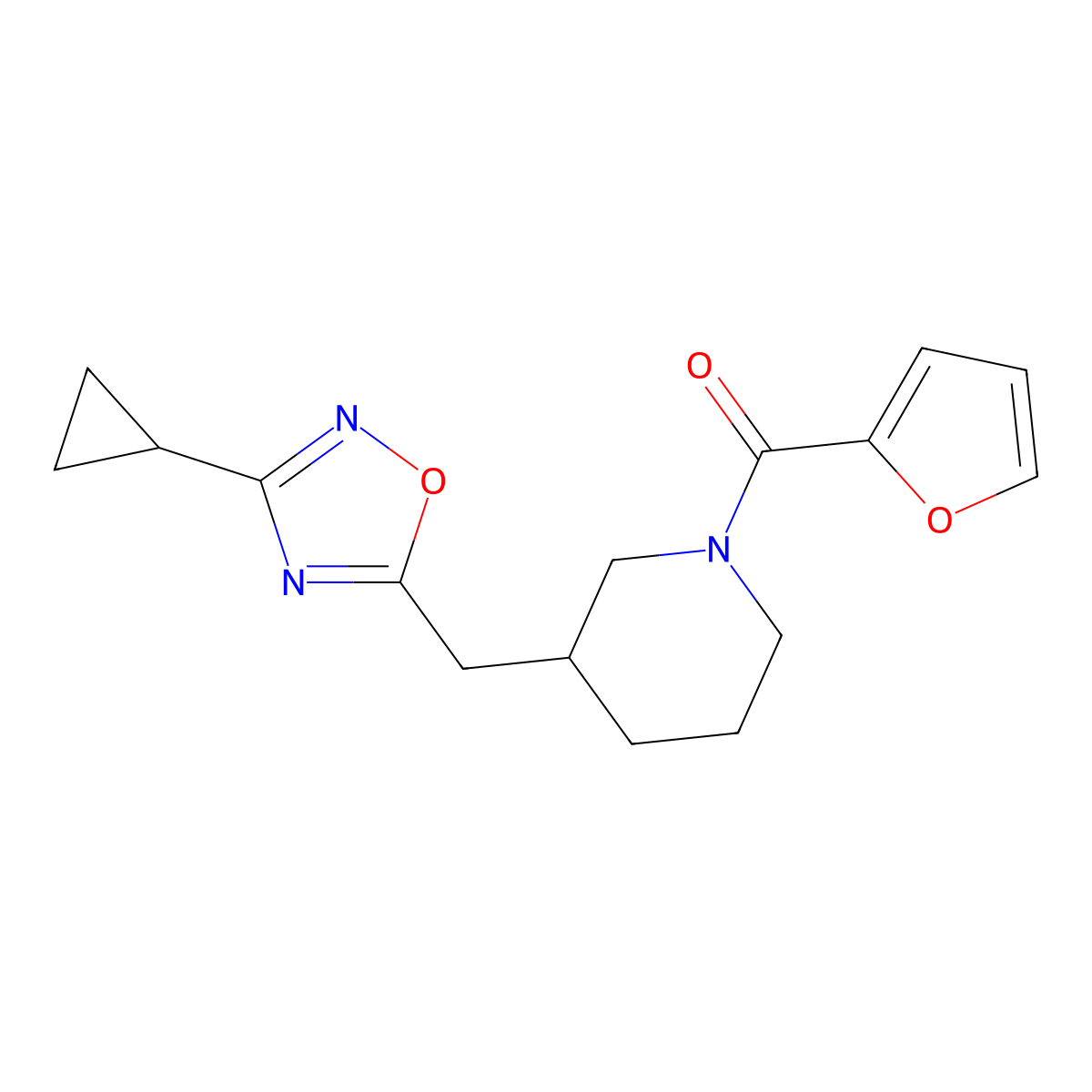 (3-((3-Cyclopropyl-1,2,4-oxadiazol-5-yl)methyl)piperidin-1-yl)(furan-2-yl)methanone molecular structure, CAS 1706101-74-7