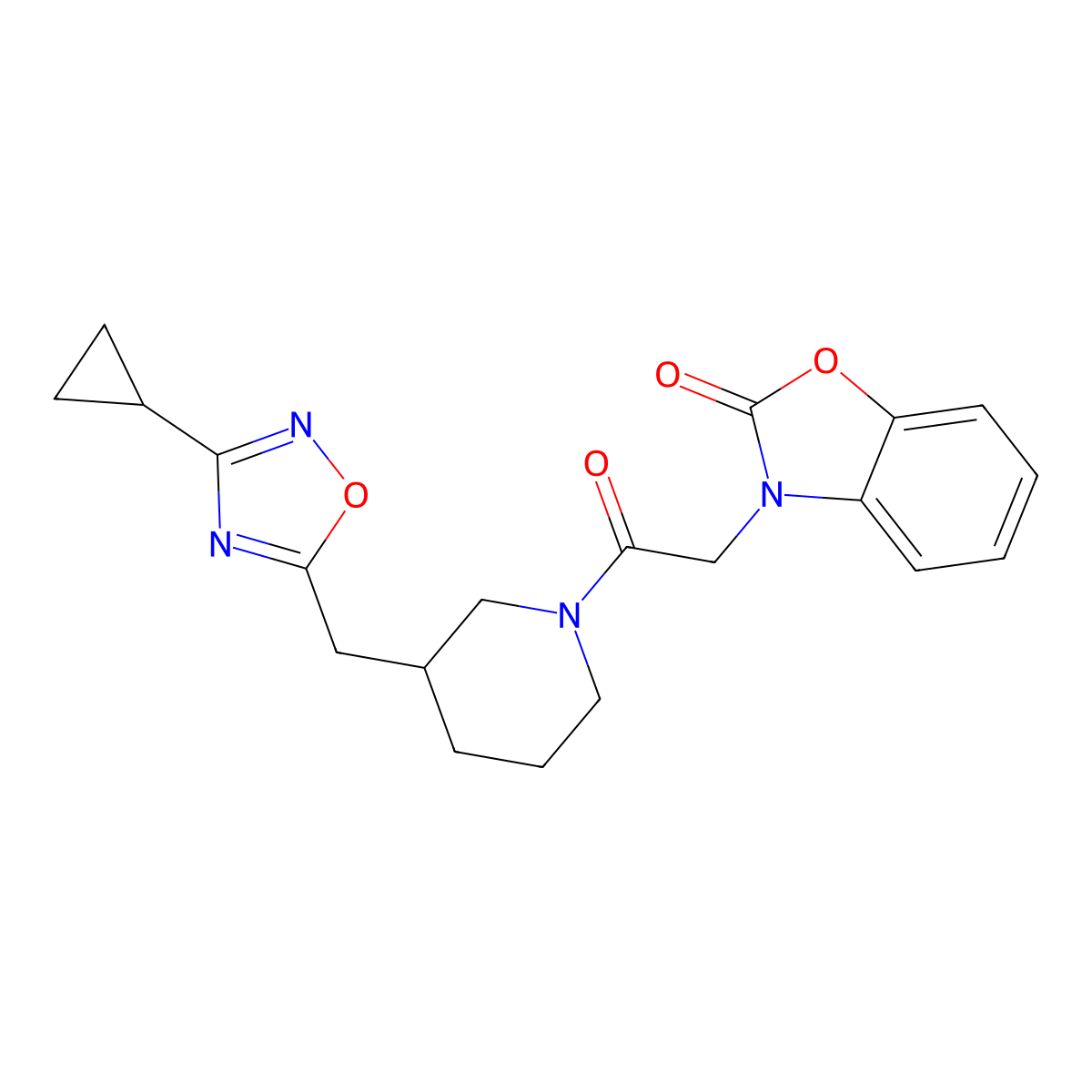 3-(2-(3-((3-cyclopropyl-1,2,4-oxadiazol-5-yl)methyl)piperidin-1-yl)-2-oxoethyl)benzo[d]oxazol-2(3H)-one molecular structure, CAS 1706101-96-3